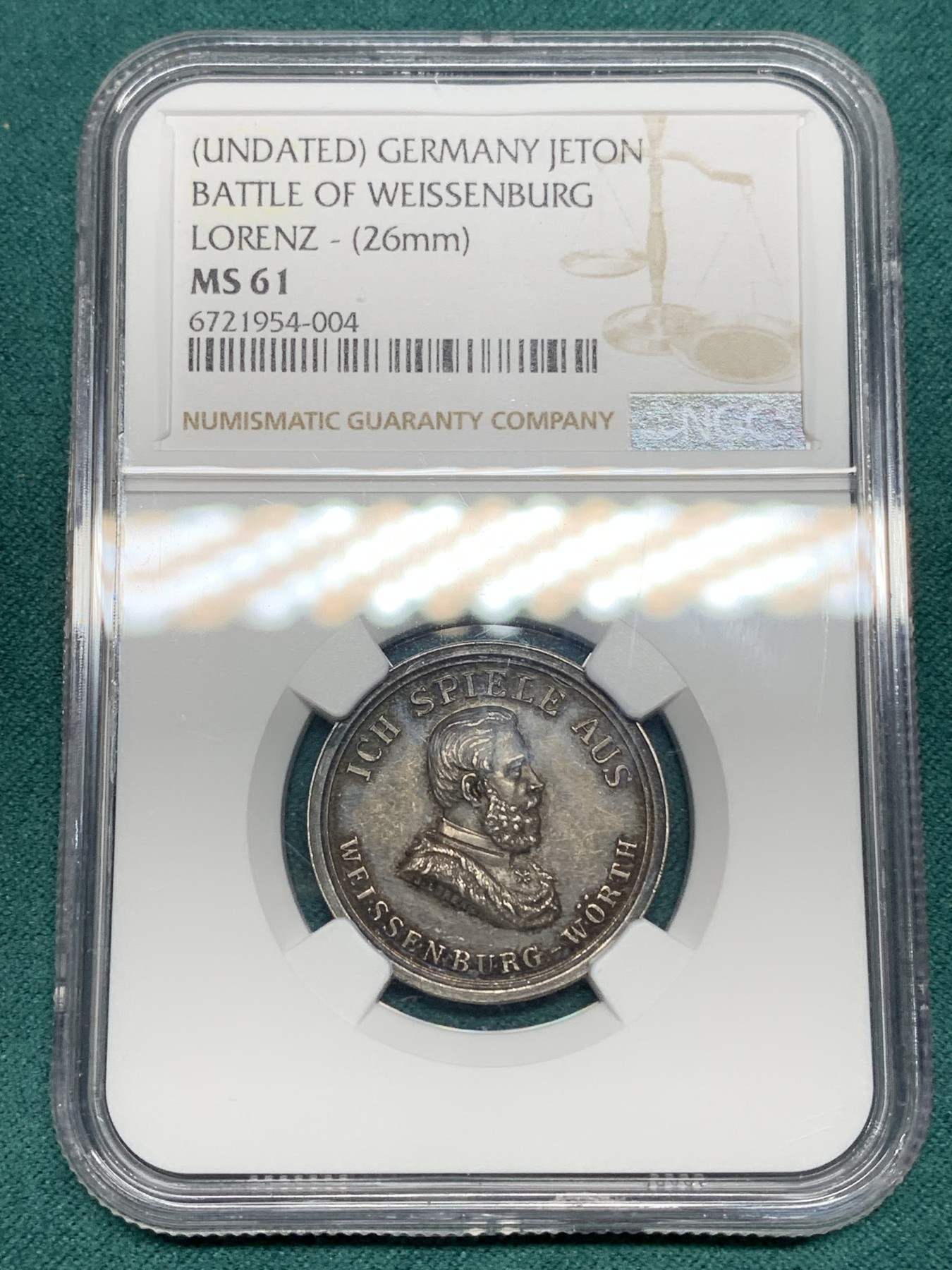 《竞宝斋》第192场-周日，周一 2场 (全场包邮) NGC MS61 德国魏森堡会战（普法战争期间的首次会战）纪念银质代币，漆黑包浆