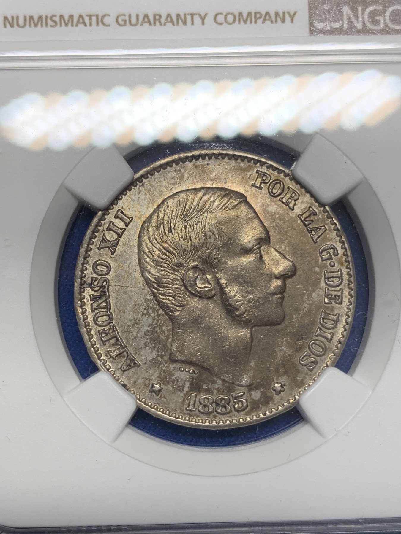 《竞宝斋》第193场-周日，周一 2场 (全场包邮) NGC-AU58 西属菲律宾 1885年 50分 银币 MS状态，低评