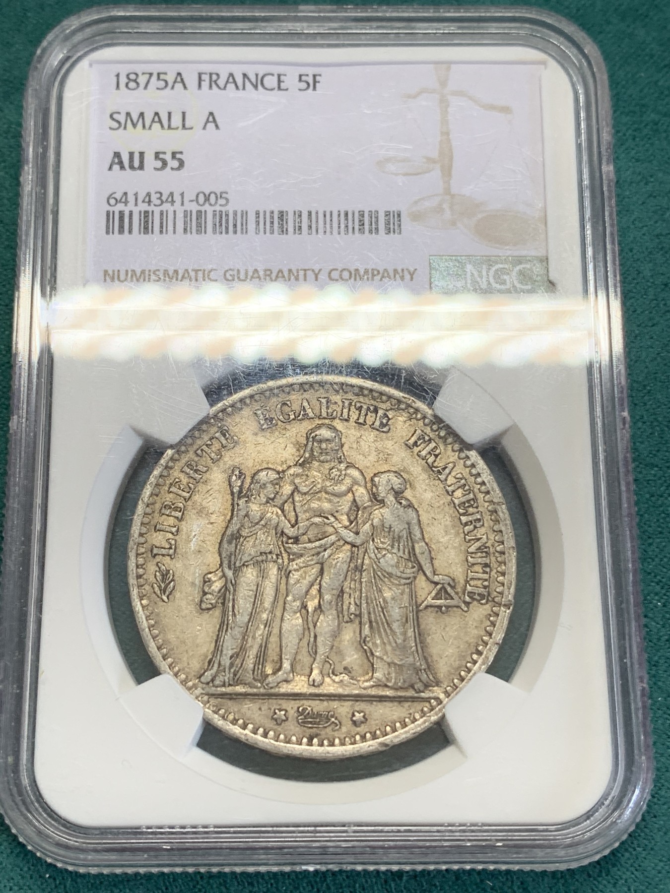 《竞宝斋》第193场-周日，周一 2场 (全场包邮) NGC AU55 法国1875年大力神5法郎银币 小A版 铸造量是1873年的1/10