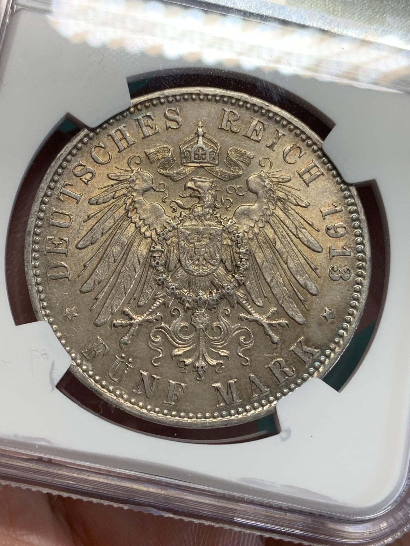 《竞宝斋》第193场-周日，周一 2场 (全场包邮) NGC-MS62 德国 1913-D 巴伐利亚奥托一世 5马克 极品五彩包浆 非常养眼的一枚