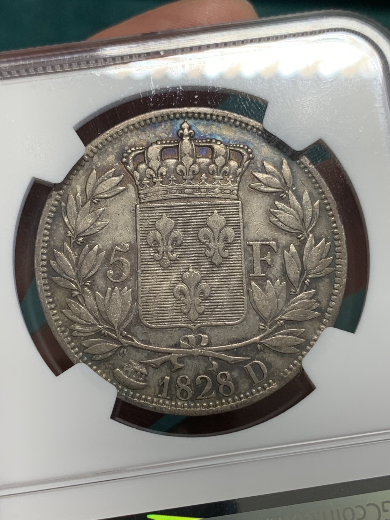 《竞宝斋》第193场-周日，周一 2场 (全场包邮) NGC XFD 法国1828D查理十世5法郎银币 原味状态 带彩光