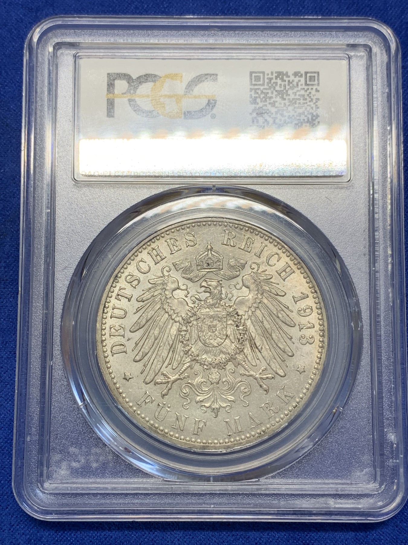 《竞宝斋》第193场-周日，周一 2场 (全场包邮) PCGS-MS63 德国 1913-J 汉堡自由市双狮 5马克 紫金彩包浆 车轮光 状态非常棒