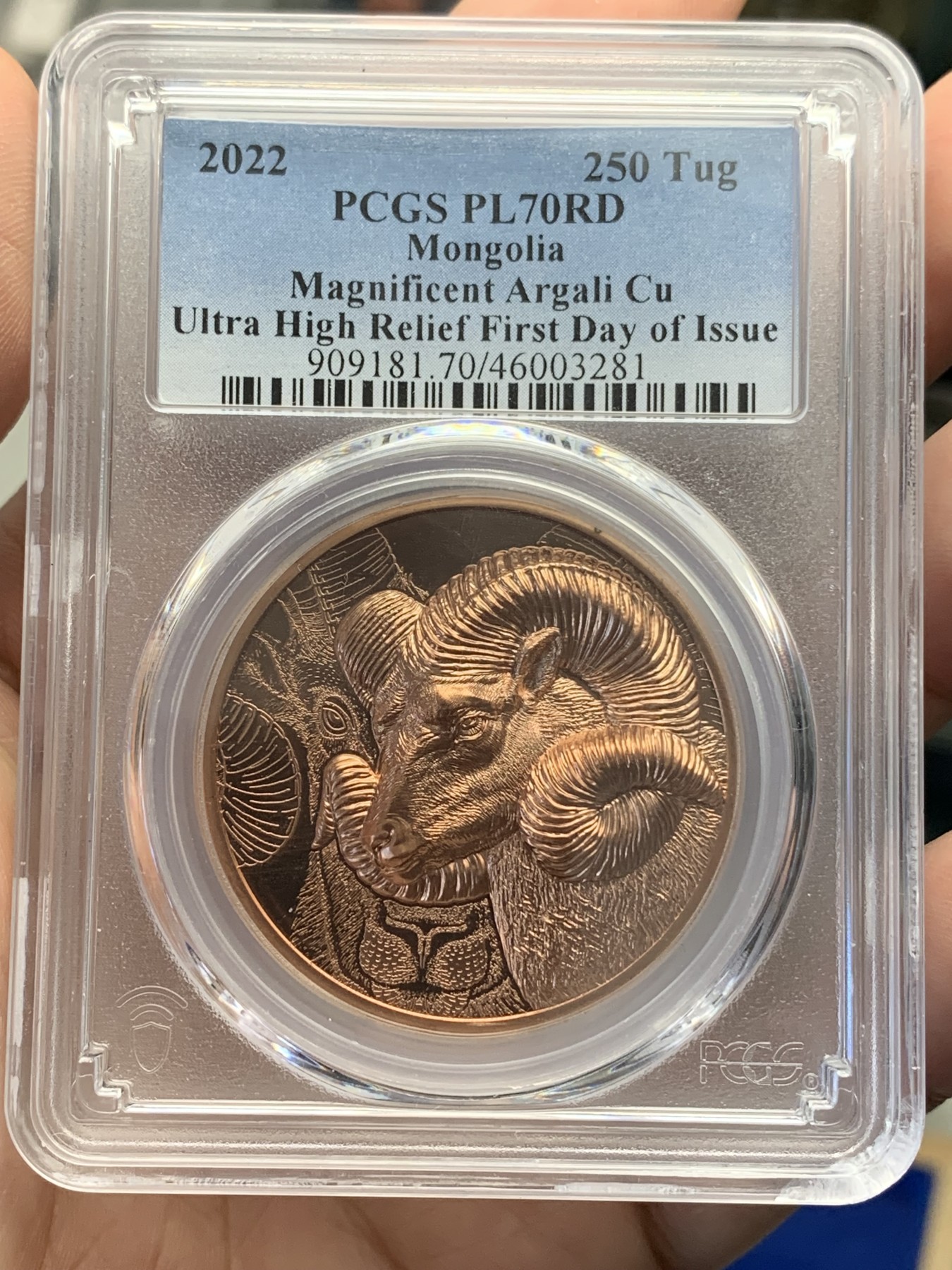 《竞宝斋》第193场-周日，周一 2场 (全场包邮) PCGS MSPL70RD 蒙古国 2022 盘羊 250图格里克铜币 完美超高浮雕