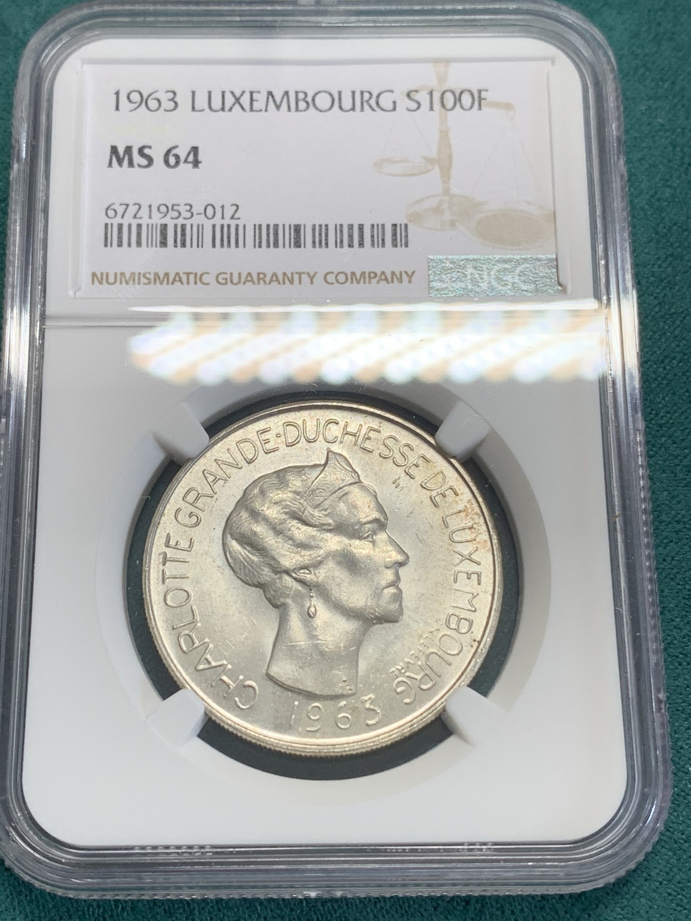 《竞宝斋》第193场-周日，周一 2场 (全场包邮) NGC MS64 卢森堡1963年七任大公夏洛特夫人100法郎银币