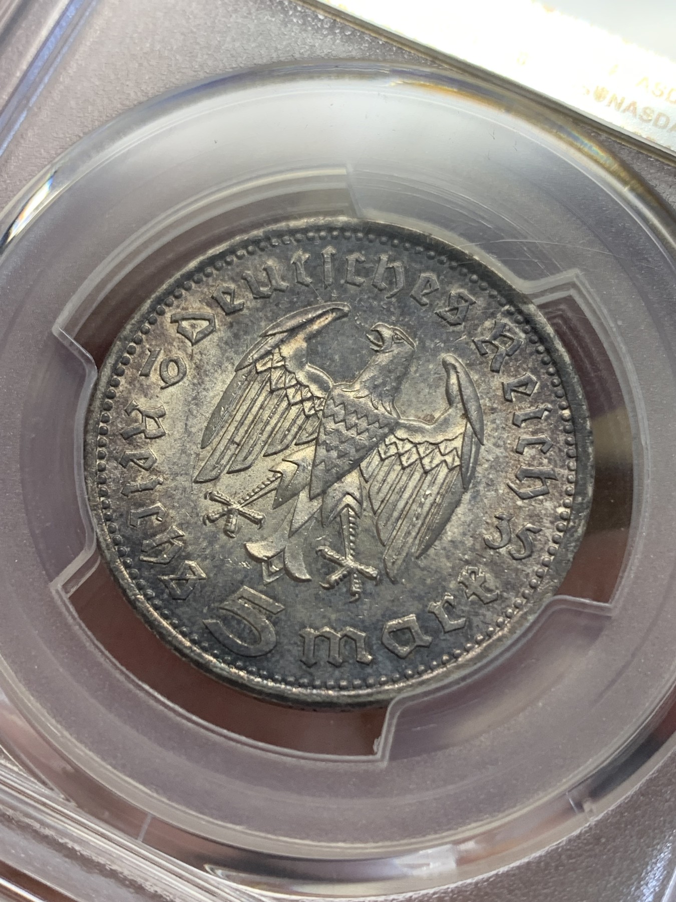 《竞宝斋》第193场-周日，周一 2场 (全场包邮) PCGS-MS63 德国1935年 兴登堡5马克 银币 黑色五彩包浆