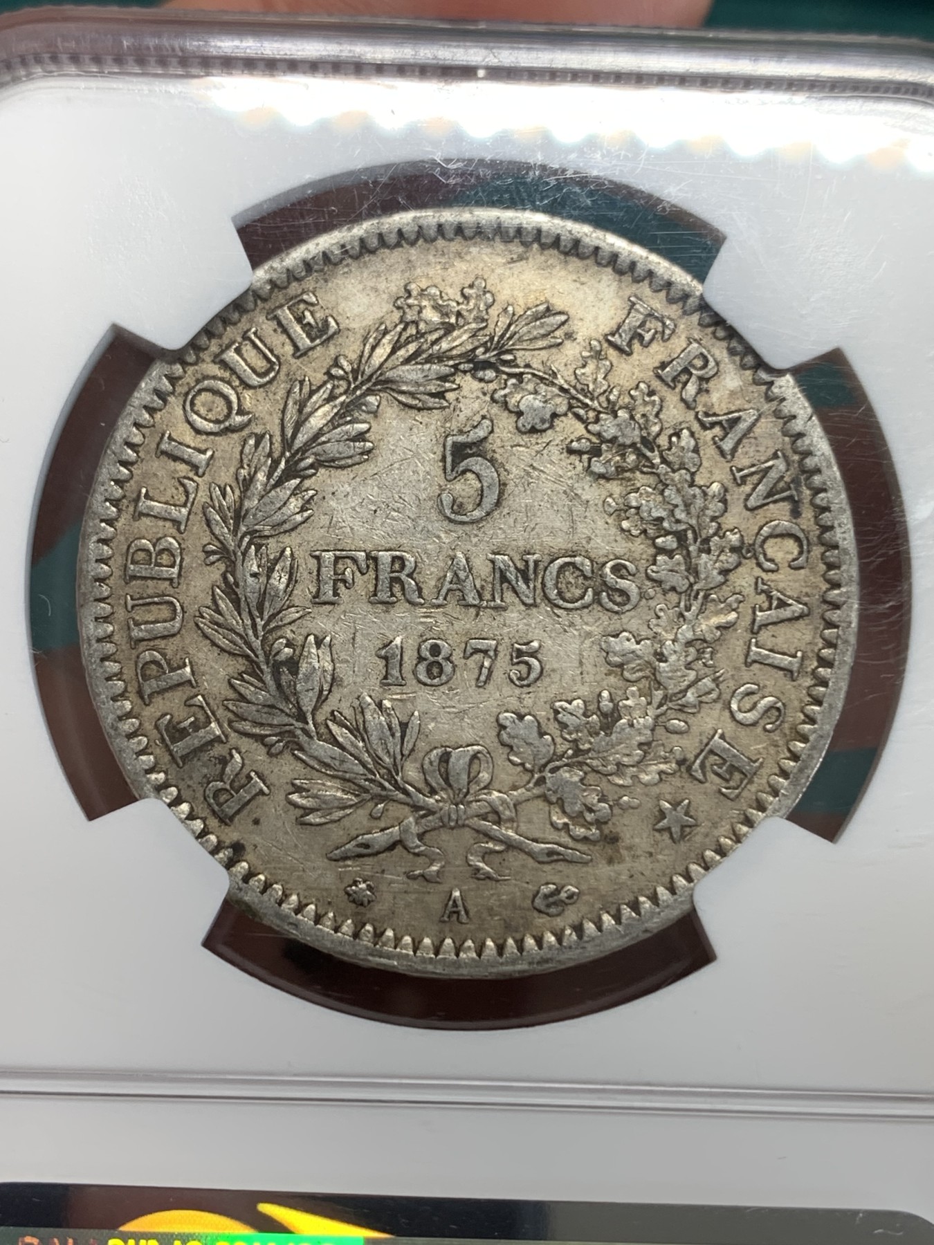 《竞宝斋》第193场-周日，周一 2场 (全场包邮) NGC AU55 法国1875年大力神5法郎银币 小A版 铸造量是1873年的1/10