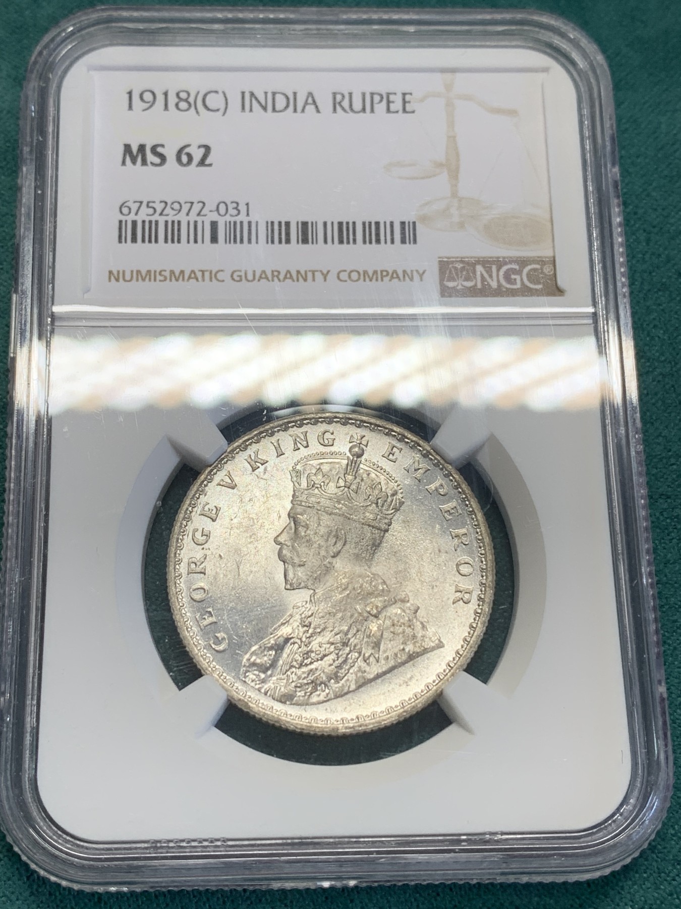 《竞宝斋》第193场-周日，周一 2场 (全场包邮) NGC MS62 英属印度 1918年 C版 乔五 1卢比银币