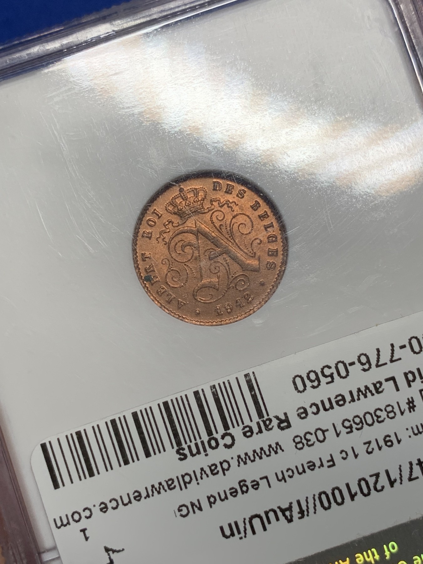 《竞宝斋》第193场-周日，周一 2场 (全场包邮) NGC MS65RD 比利时1912年 1分铜币 经典狮子 满铜光 欧洲精致小铜币