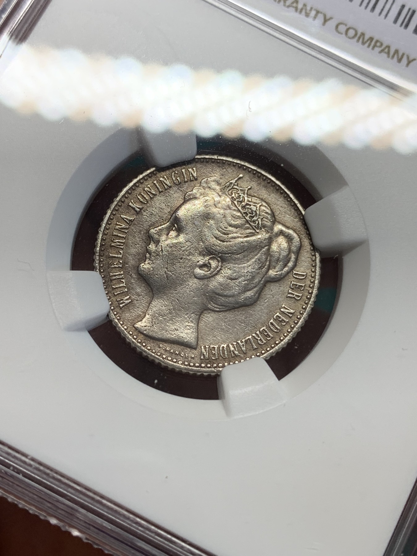 《竞宝斋》第193场-周日，周一 2场 (全场包邮) NGC-AUD 荷兰 1905年 威廉明娜萝莉头1/2G 银币 盘发头少见