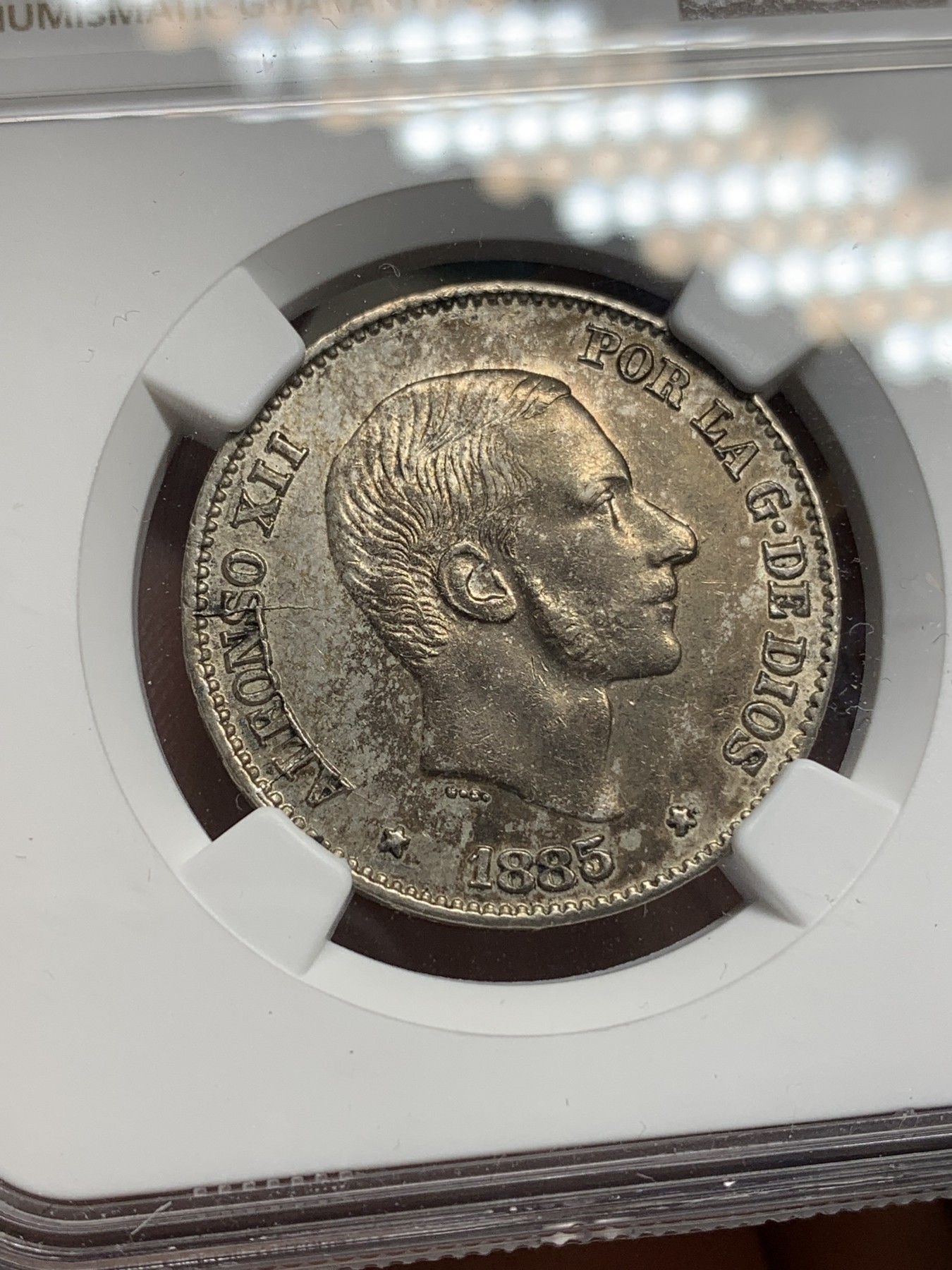 《竞宝斋》第193场-周日，周一 2场 (全场包邮) NGC-AU58 西属菲律宾 1885年 50分 银币 MS状态，低评