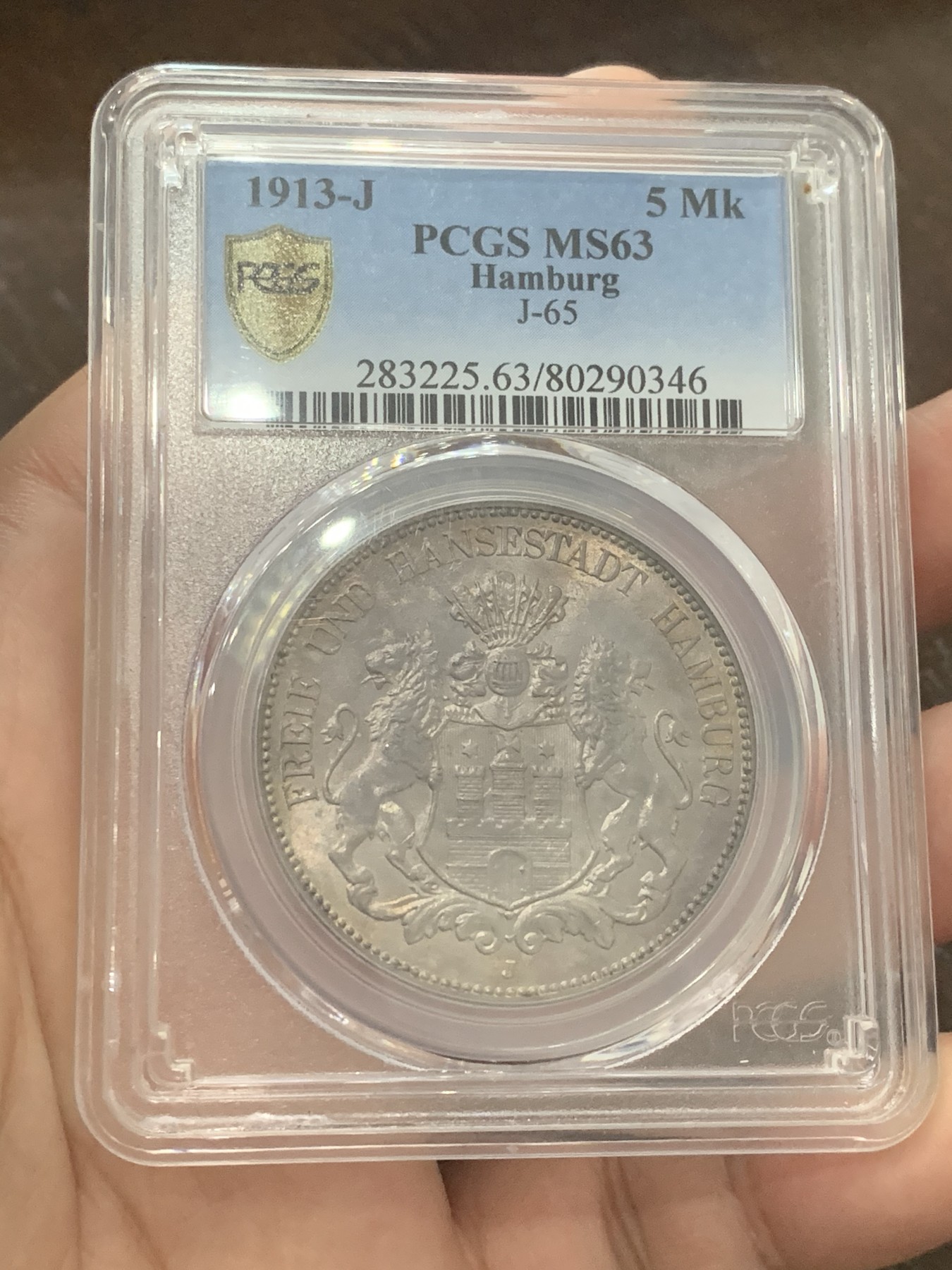 《竞宝斋》第193场-周日，周一 2场 (全场包邮) PCGS-MS63 德国 1913-J 汉堡自由市双狮 5马克 紫金彩包浆 车轮光 状态非常棒