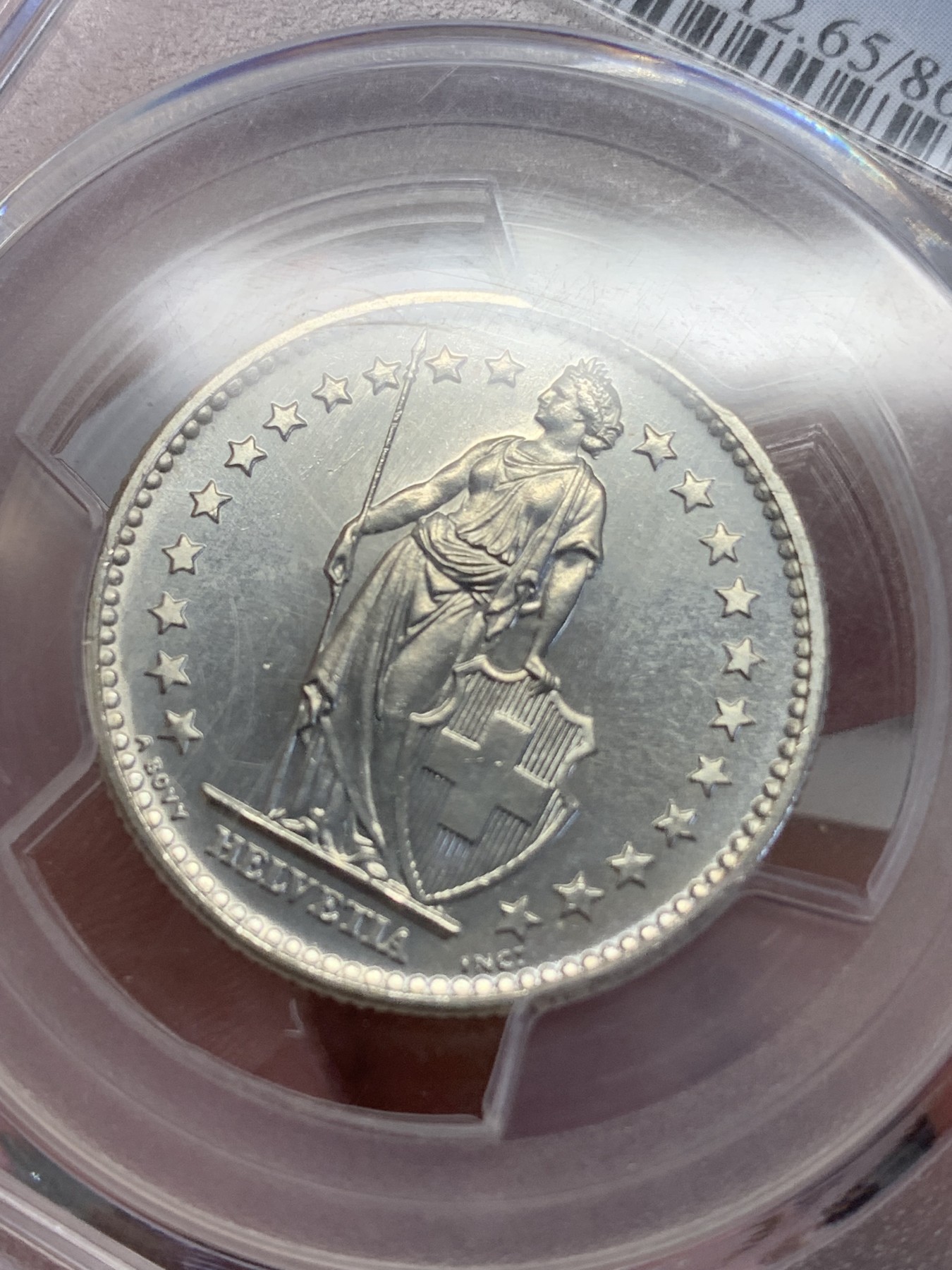 《竞宝斋》第193场-周日，周一 2场 (全场包邮) PCGS-MS65 瑞士 1965年 2法郎 银币 盒子边缘处有磕碰
