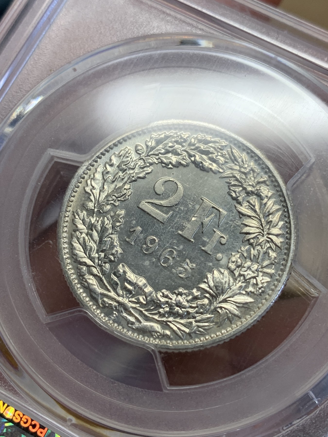 《竞宝斋》第193场-周日，周一 2场 (全场包邮) PCGS-MS65 瑞士 1965年 2法郎 银币 盒子边缘处有磕碰