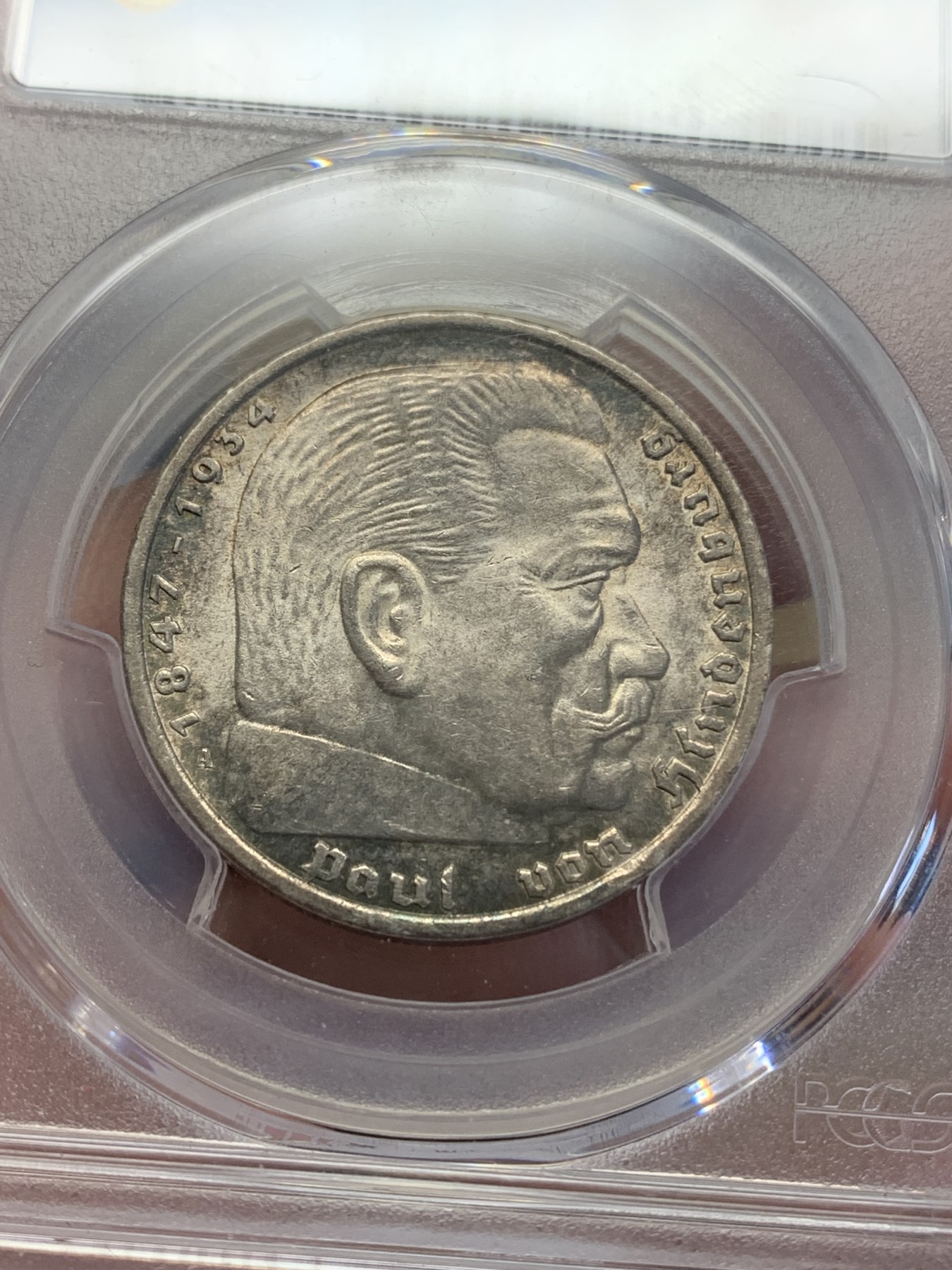 《竞宝斋》第193场-周日，周一 2场 (全场包邮) PCGS-MS63 德国1935年 兴登堡5马克 银币 黑色五彩包浆