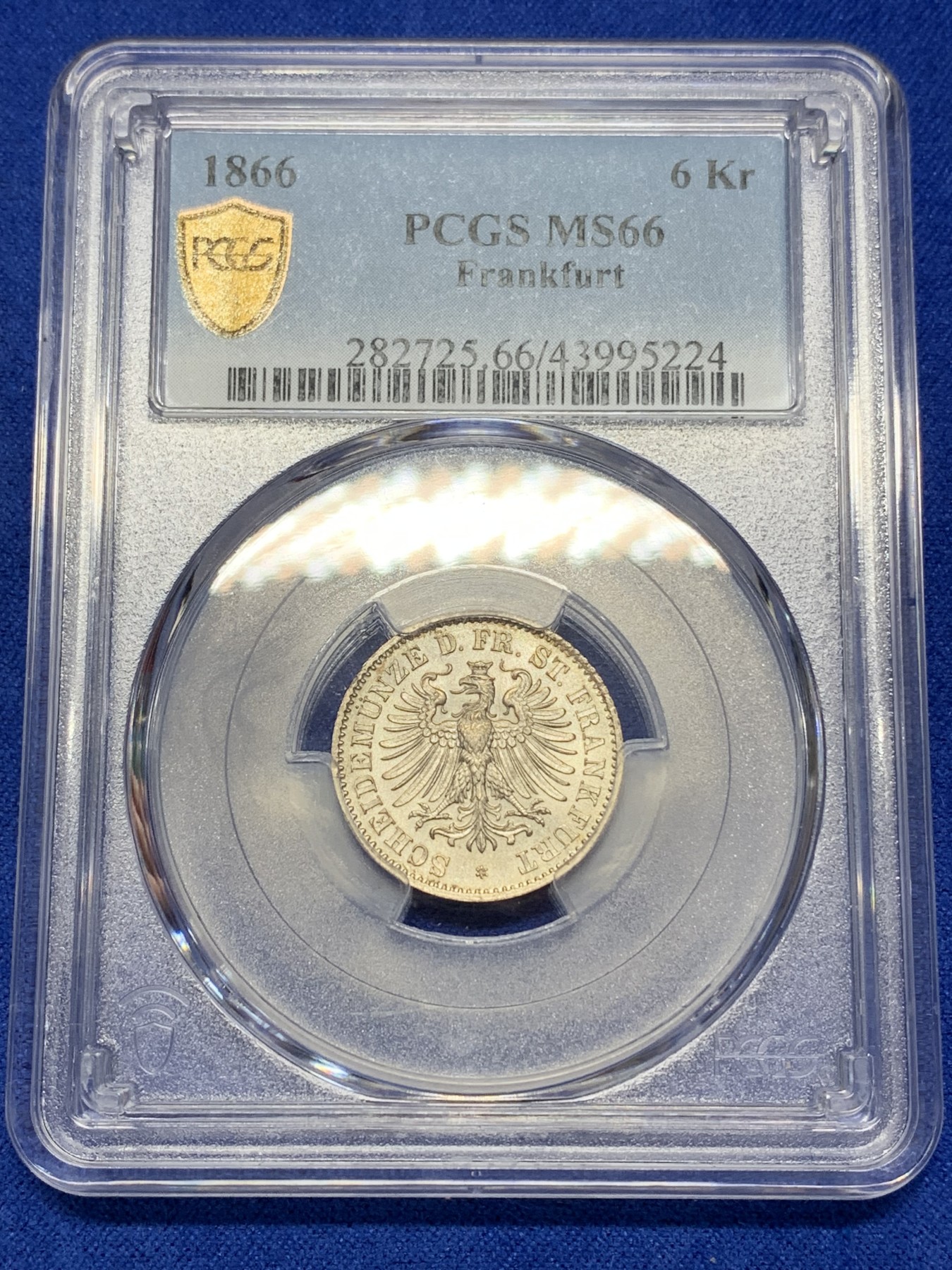 《竞宝斋》第193场-周日，周一 2场 (全场包邮) PCGS-MS66 德国法兰克福 1866年 6克鲁泽 银币