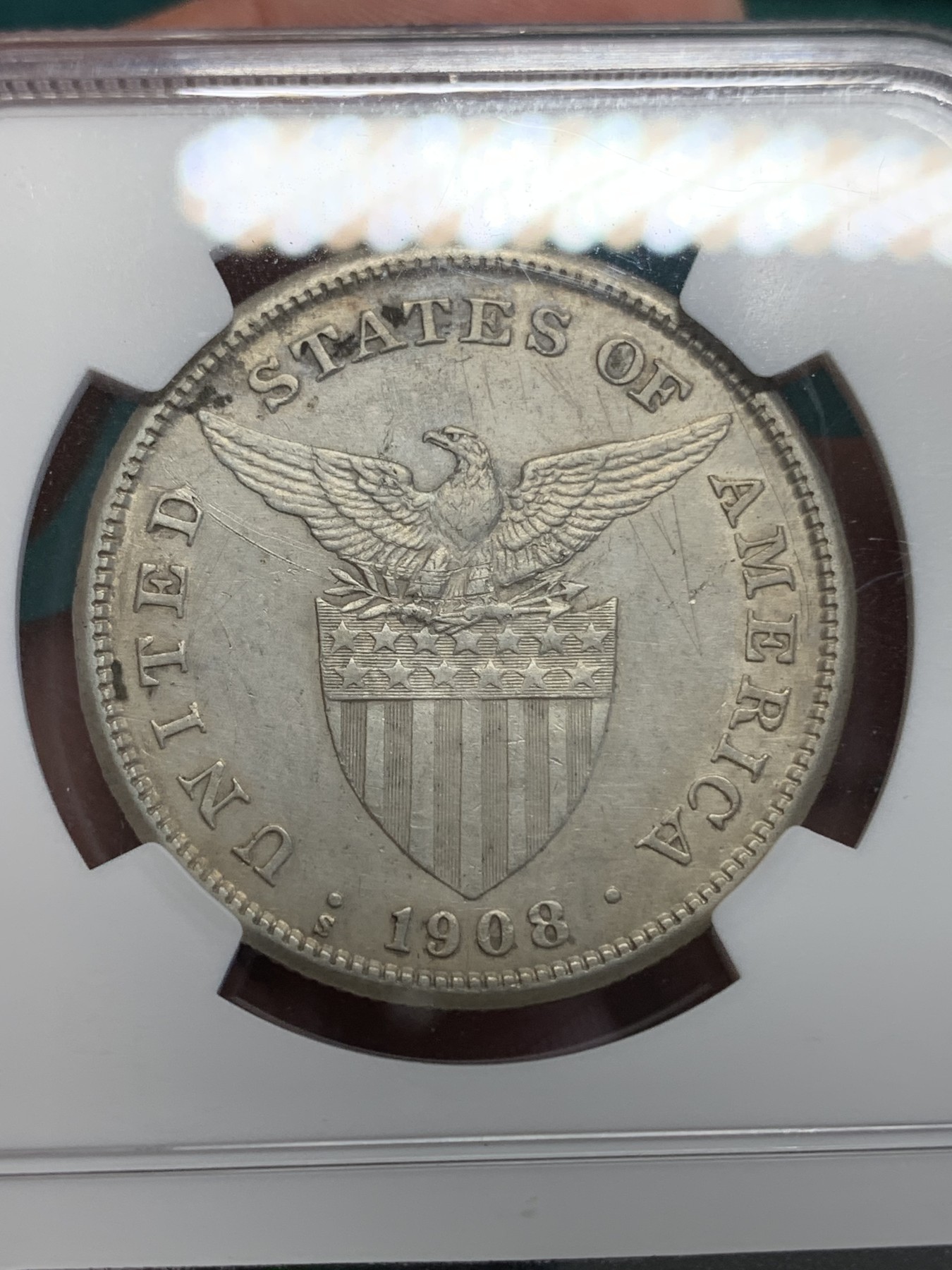 《竞宝斋》第193场-周日，周一 2场 (全场包邮) NGC-XFD 美属菲律宾 1908年 1比索 打铁银币 品种也不多见了