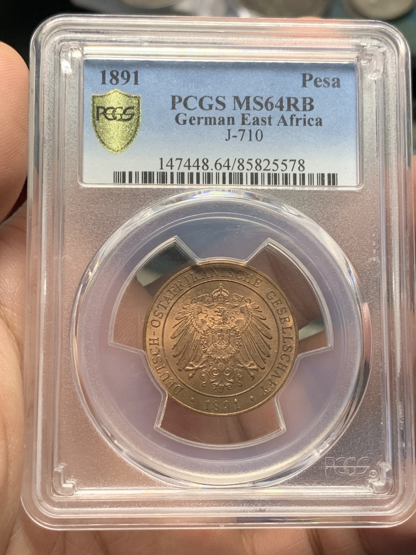 《竞宝斋》第193场-周日，周一 2场 (全场包邮) PCGS-MS64RB 德属东非 1891年 1派沙铜币 顶级原铜光，细节强悍