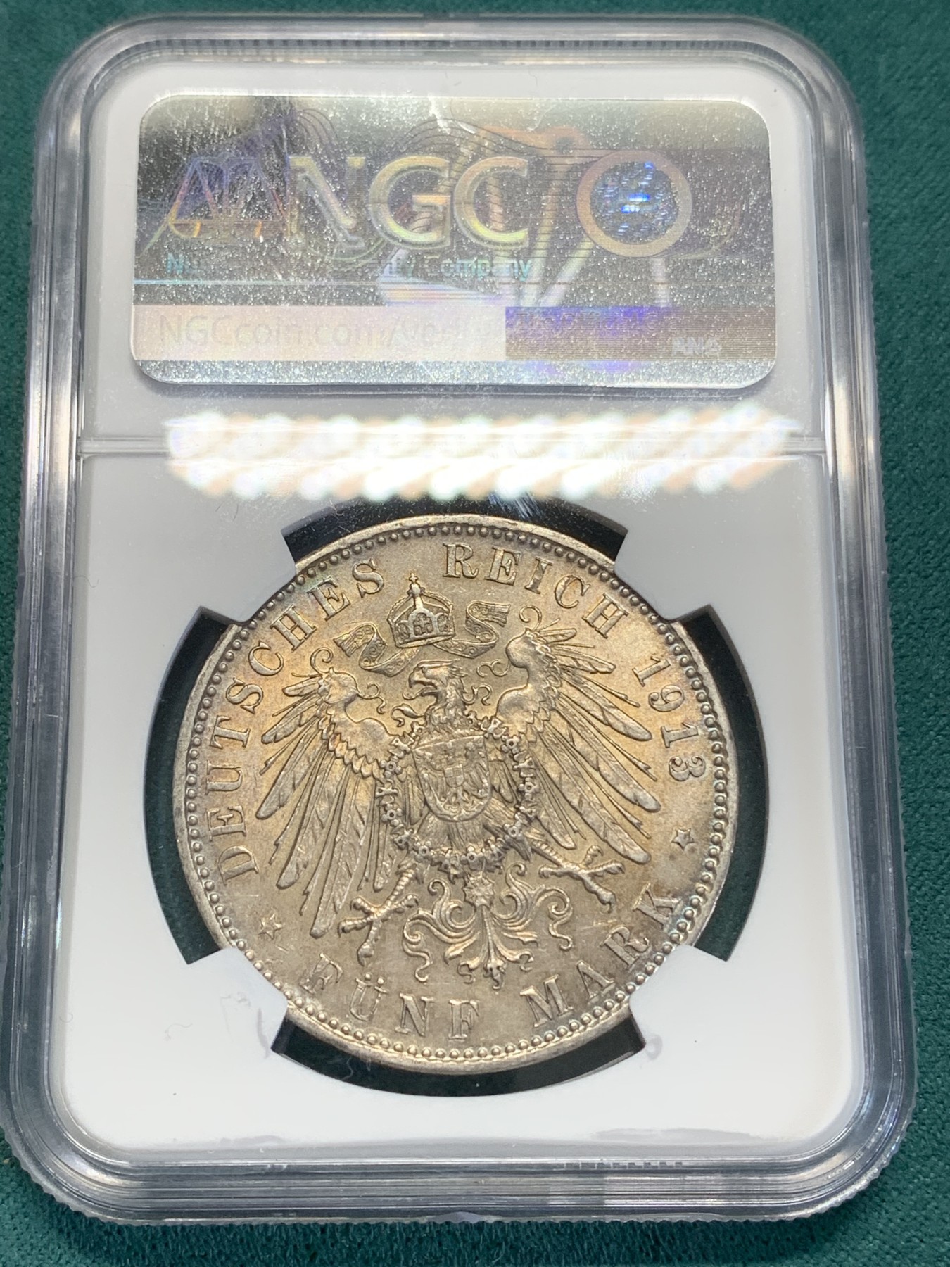 《竞宝斋》第193场-周日，周一 2场 (全场包邮) NGC-MS62 德国 1913-D 巴伐利亚奥托一世 5马克 极品五彩包浆 非常养眼的一枚
