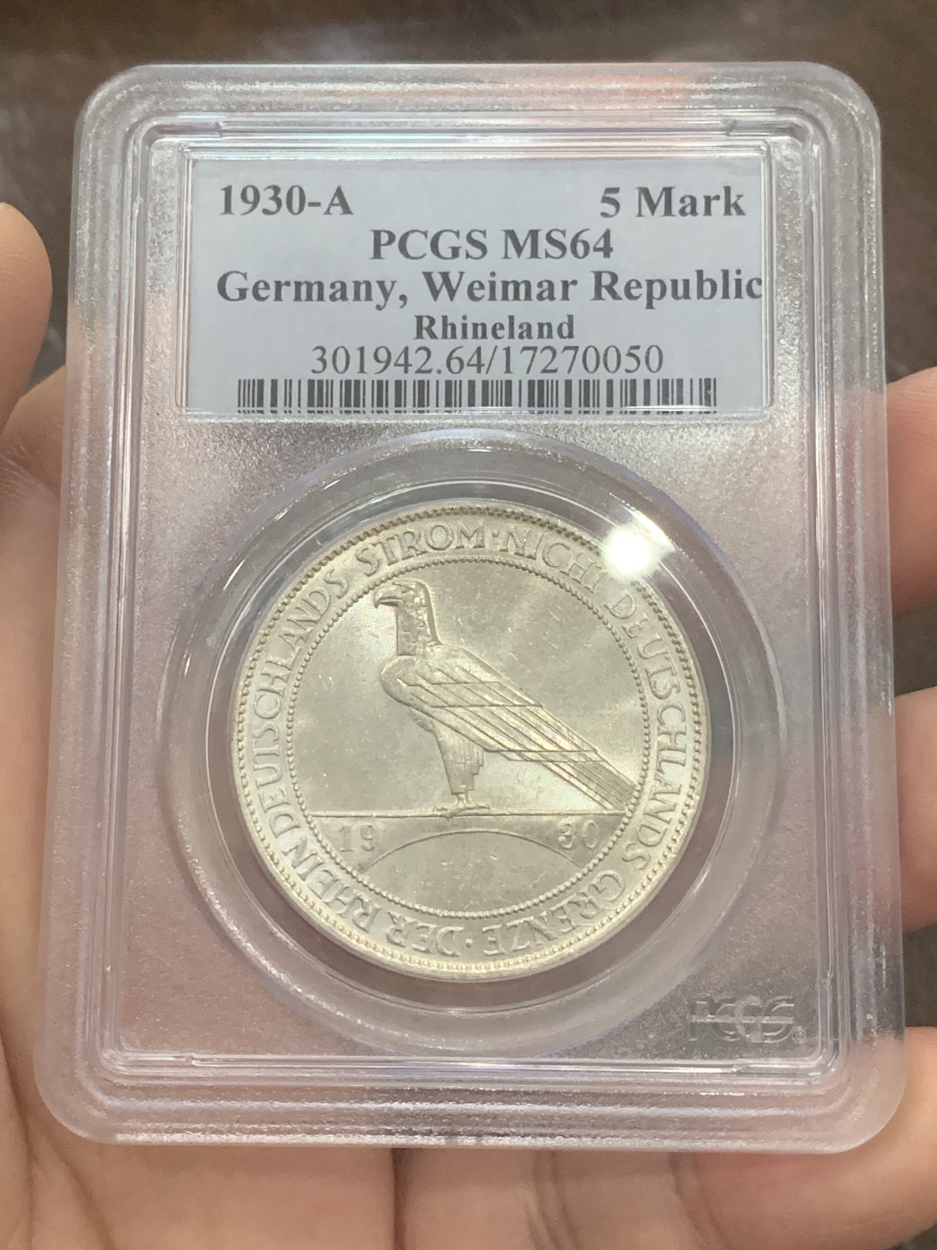 《竞宝斋》第193场-周日，周一 2场 (全场包邮) PCGS MS64 德国魏玛 1930年 鹰桥 解放莱茵5马克纪念银币 底板丝滑 币面清爽