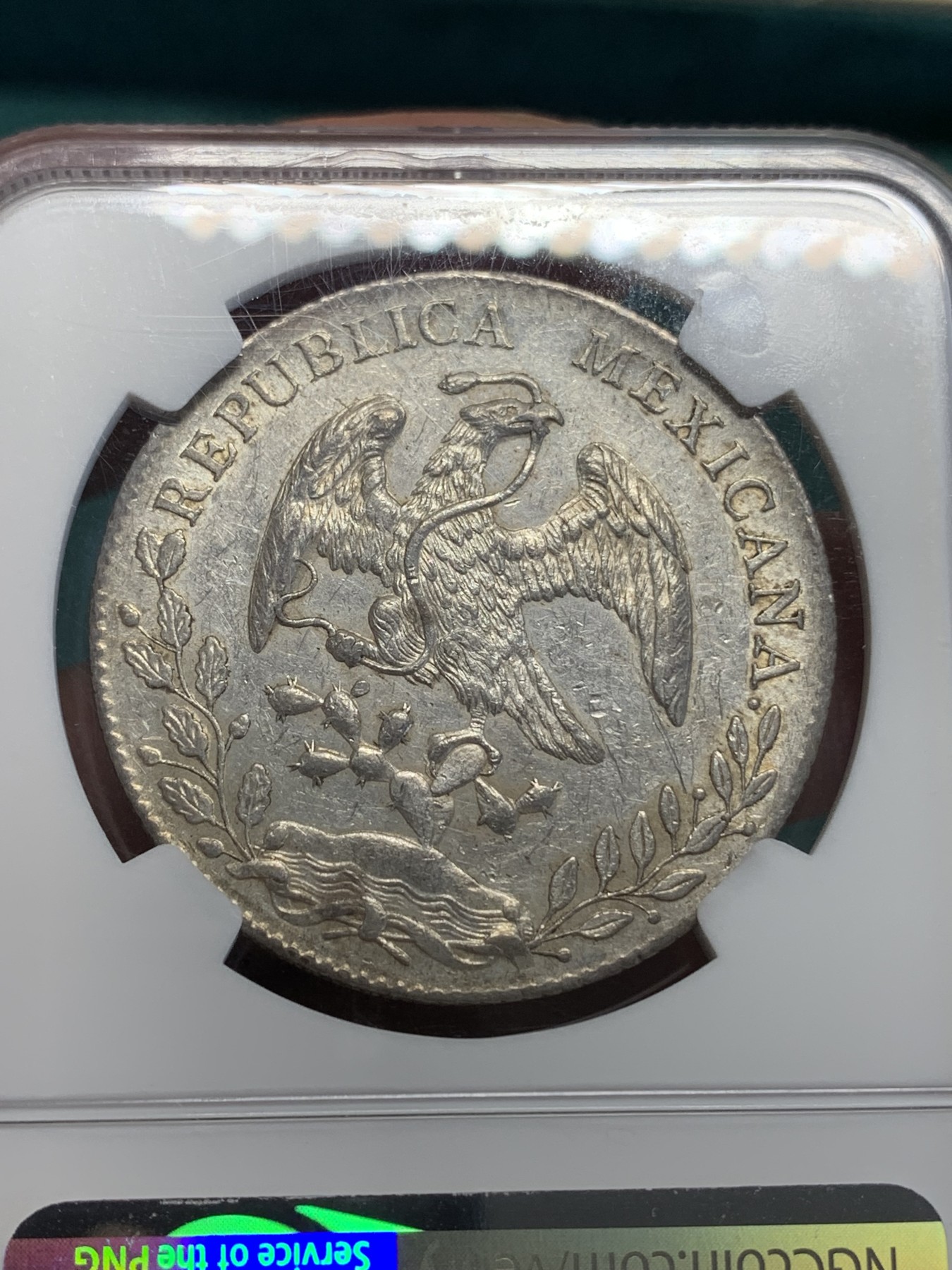 《竞宝斋》第193场-周日，周一 2场 (全场包邮) NGC-AU55 墨西哥 花边鹰洋 8瑞尔银币 1894 HO FG 稀少厂别 铸造量仅50万枚