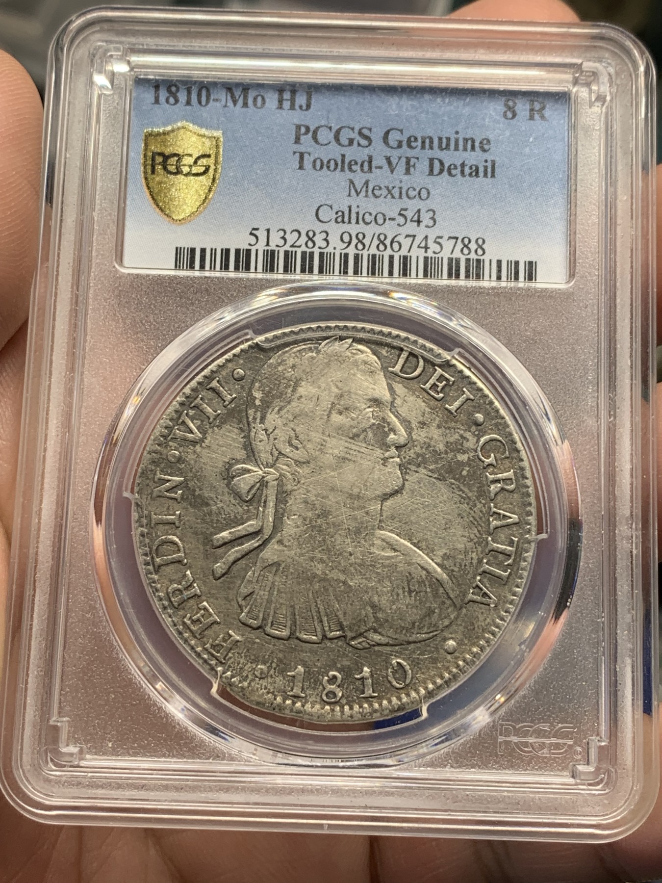 《竞宝斋》第193场-周日，周一 2场 (全场包邮) PCGS-VF 1810年 墨西哥 斐迪南七世 8R 戎装版 双柱大银币