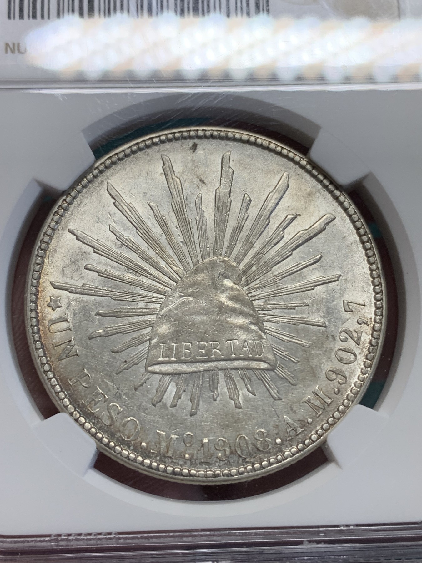 《竞宝斋》第193场-周日，周一 2场 (全场包邮) NGC-AUD 墨西哥 1908年 1比索直边鹰洋 大银币