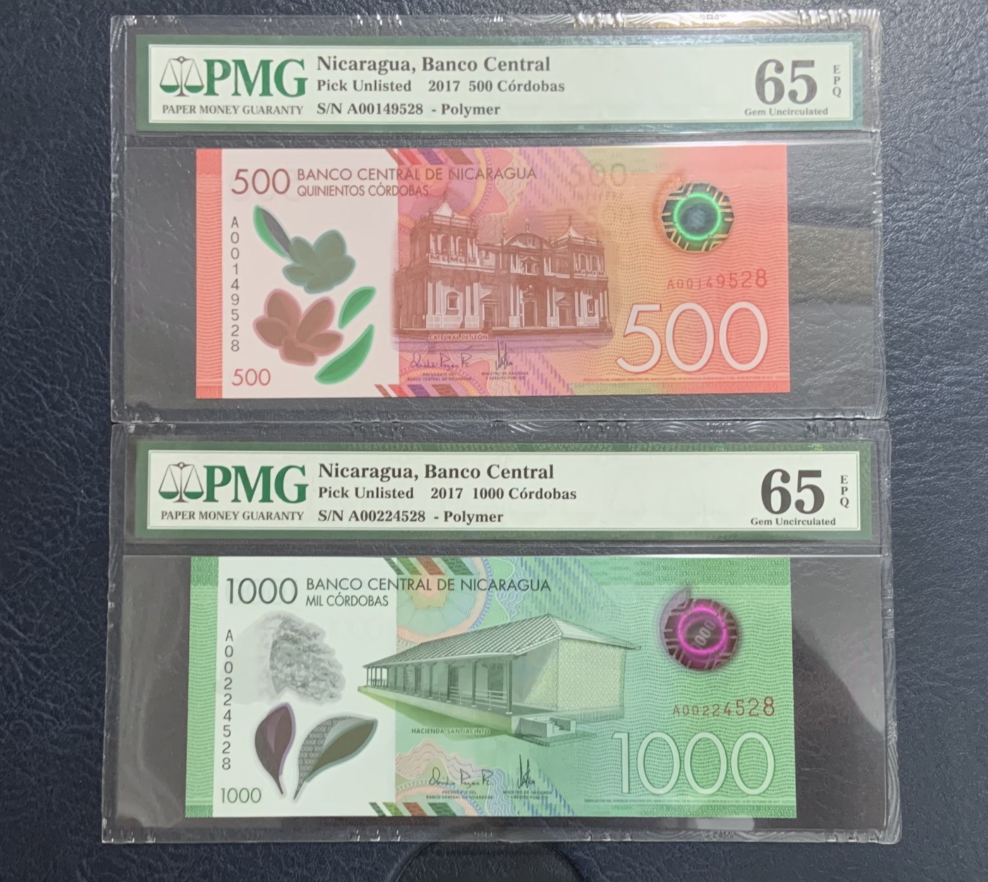 收藏联盟Quantum Auction 第285期拍卖  尼加拉瓜2017年500和1000科多巴 PMG65 尾二同 A冠序列