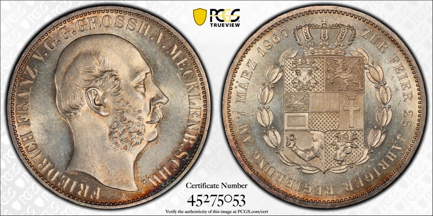 万国钱币拍卖第015期（奢华币章第二季） PCGS MS63 1867年德国梅克伦堡-什未林大公国弗朗茨三世1泰勒 经典小邦盾徽系列 发行量1万枚 无论包浆还是底板的光泽都无与伦比