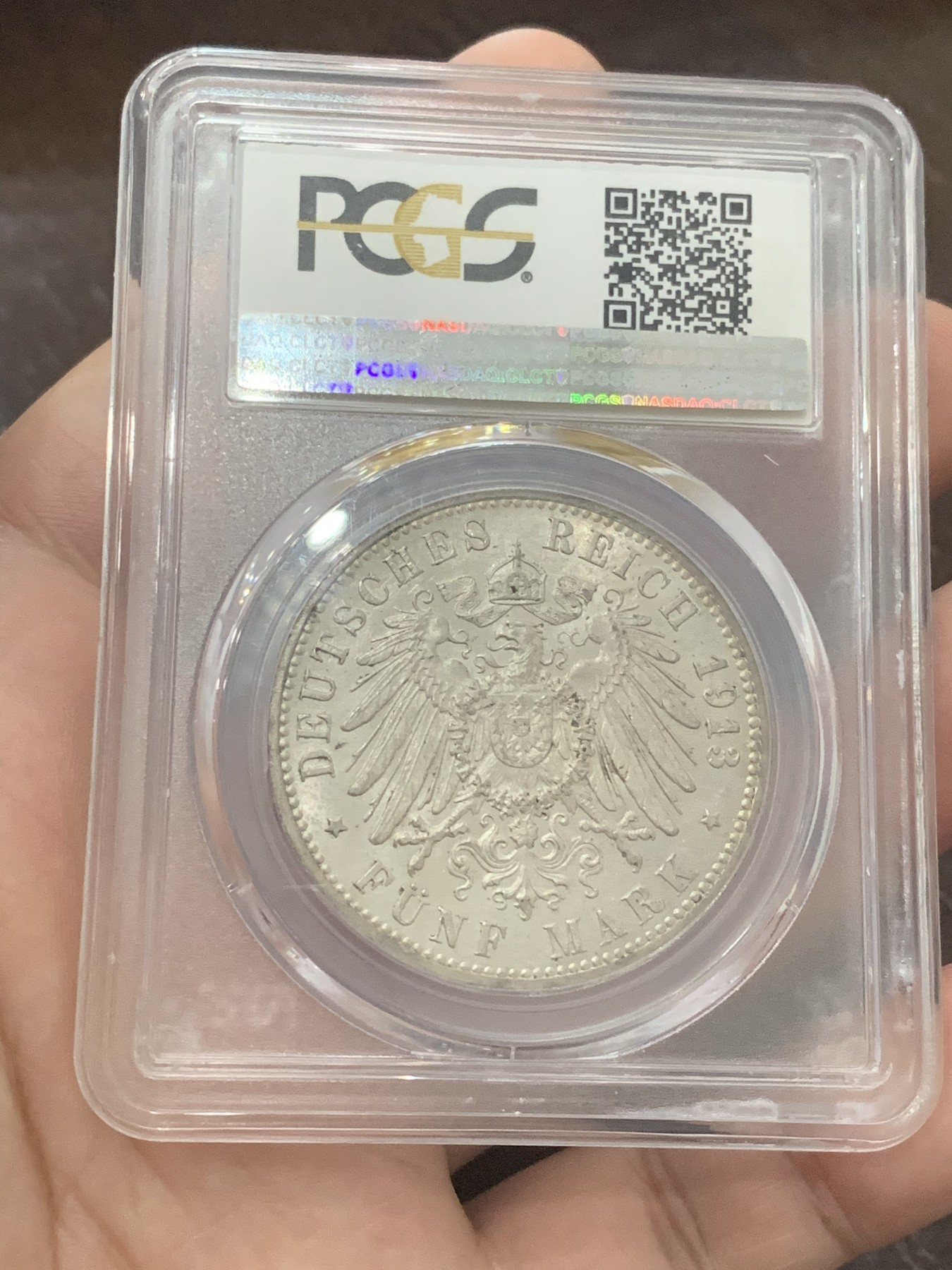 《竞宝斋》第193场-周日，周一 2场 (全场包邮) PCGS-MS63 德国 1913-J 汉堡自由市双狮 5马克 紫金彩包浆 车轮光 状态非常棒
