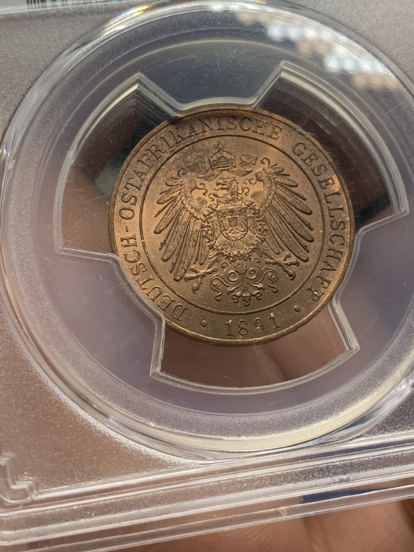 《竞宝斋》第193场-周日，周一 2场 (全场包邮) PCGS-MS64RB 德属东非 1891年 1派沙铜币 顶级原铜光，细节强悍