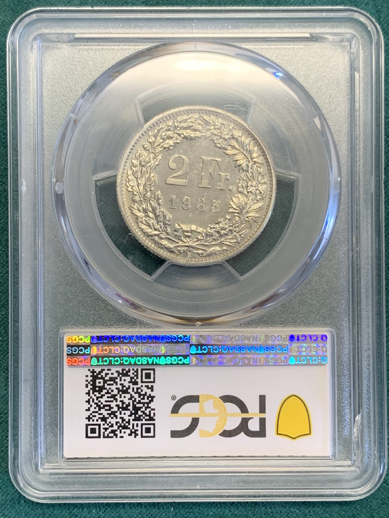《竞宝斋》第193场-周日，周一 2场 (全场包邮) PCGS-MS65 瑞士 1965年 2法郎 银币 盒子边缘处有磕碰