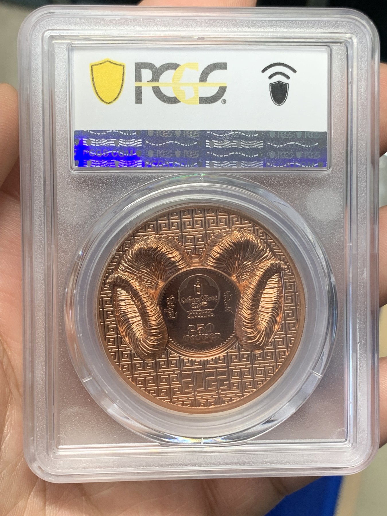 《竞宝斋》第193场-周日，周一 2场 (全场包邮) PCGS MSPL70RD 蒙古国 2022 盘羊 250图格里克铜币 完美超高浮雕