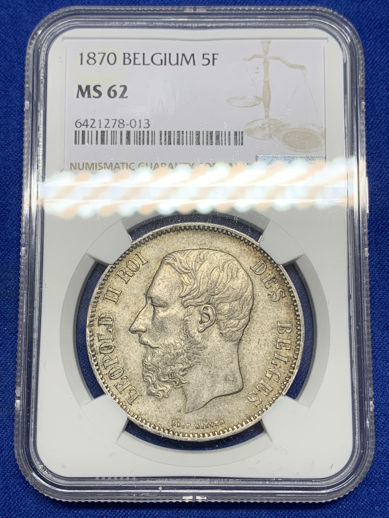 《竞宝斋》第193场-周日，周一 2场 (全场包邮) NGC-MS62 比利时 1870年 利奥波德二世 5法郎银币 原味黄油老包浆