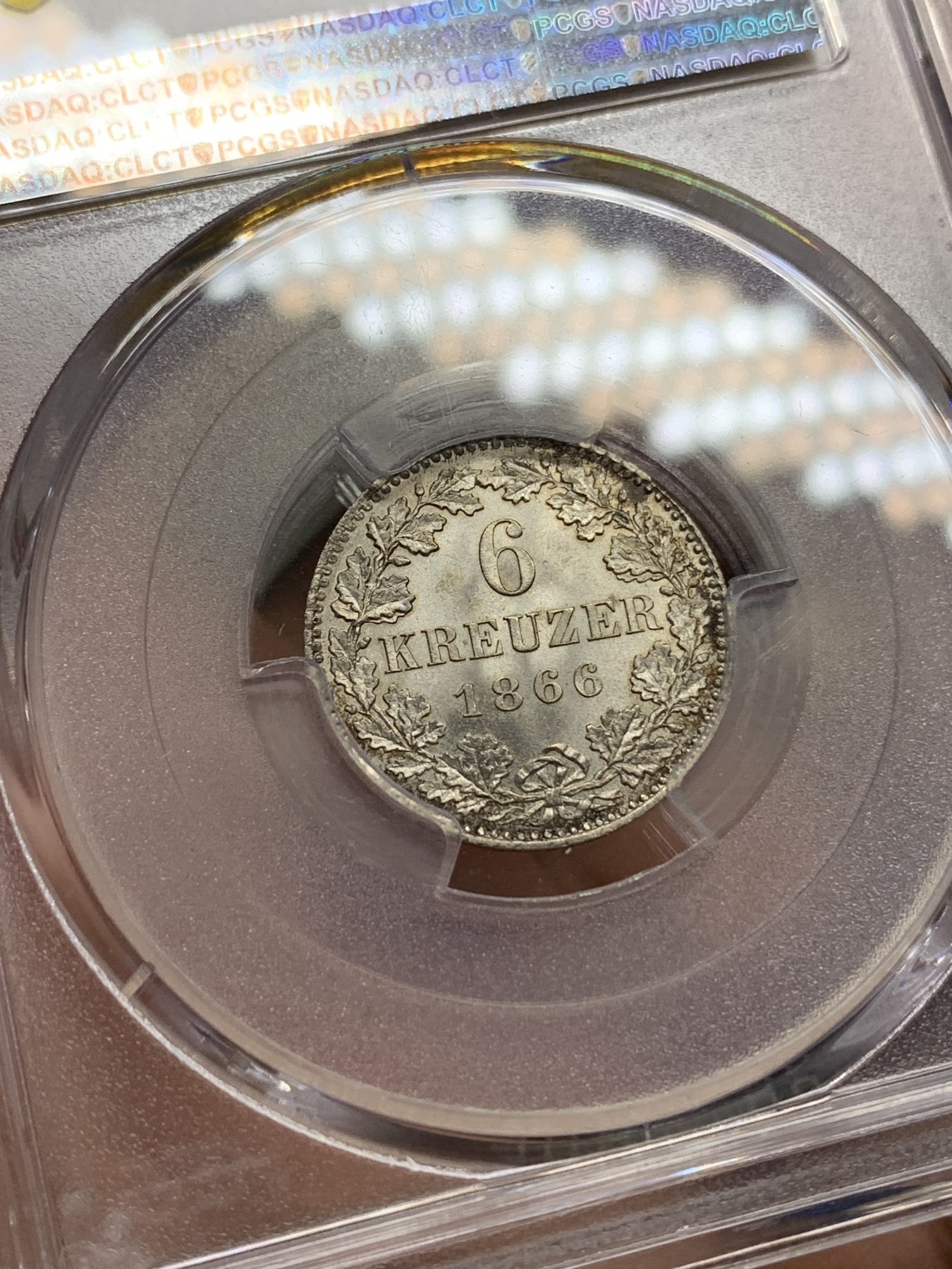 《竞宝斋》第193场-周日，周一 2场 (全场包邮) PCGS-MS66 德国法兰克福 1866年 6克鲁泽 银币