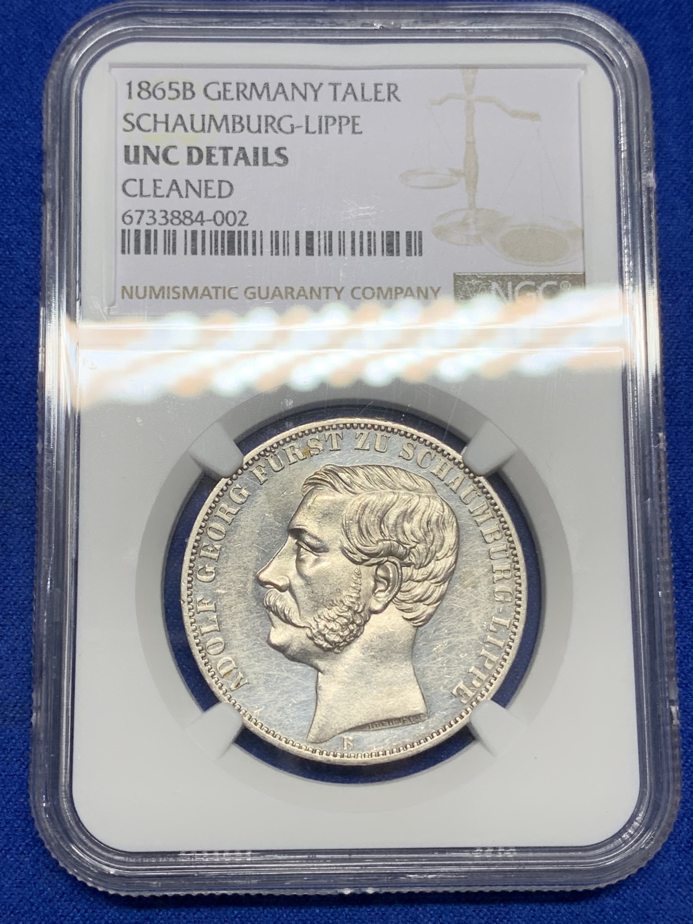 《竞宝斋》第193场-周日，周一 2场 (全场包邮) NGC-UNC 1865年德国绍姆堡利普天使1泰勒银币（发行7000枚的德系小珍）状态好 可以养养包浆试试