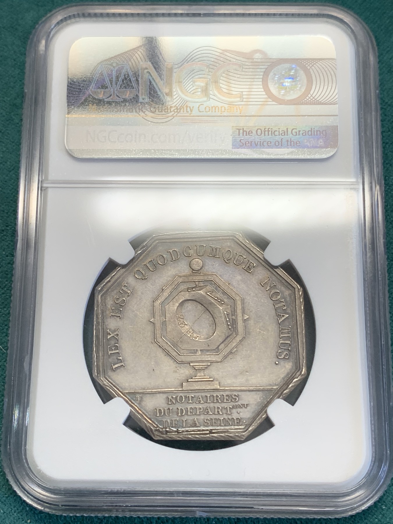 《竞宝斋》第193场-周日，周一 2场 (全场包邮) NGC UNC 拿破仑桂冠头像塞纳公证人八角银质代币 手指铭 1845-1860