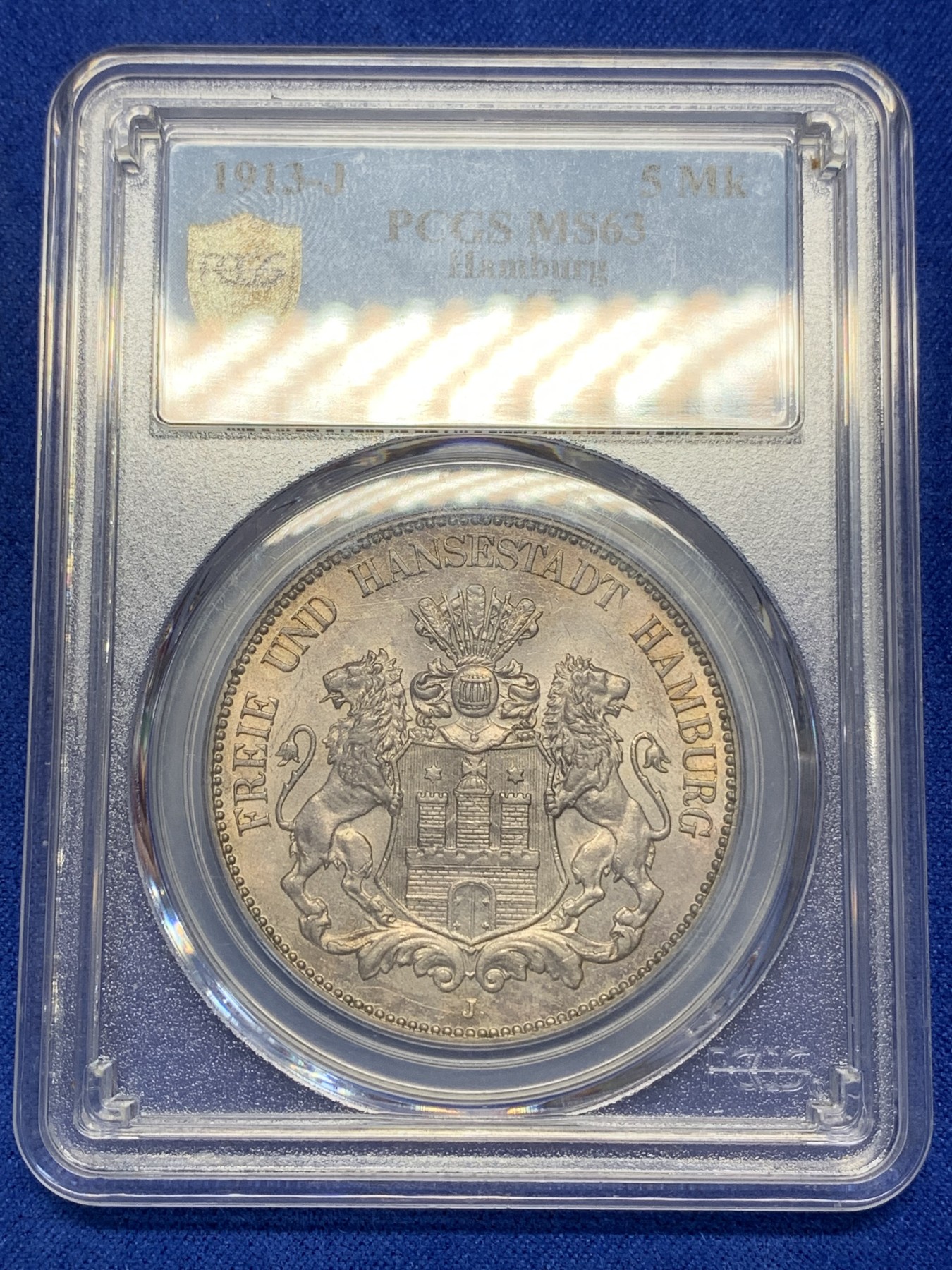 《竞宝斋》第193场-周日，周一 2场 (全场包邮) PCGS-MS63 德国 1913-J 汉堡自由市双狮 5马克 紫金彩包浆 车轮光 状态非常棒