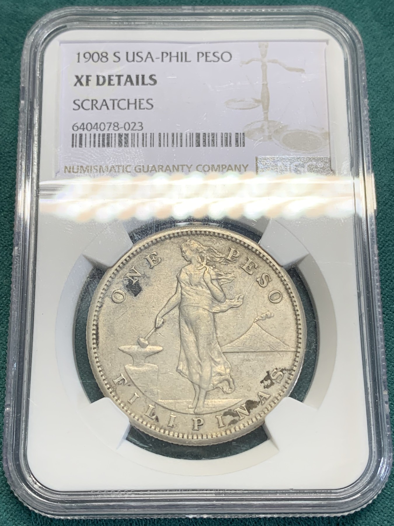 《竞宝斋》第193场-周日，周一 2场 (全场包邮) NGC-XFD 美属菲律宾 1908年 1比索 打铁银币 品种也不多见了