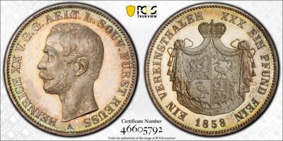 万国钱币拍卖第015期（奢华币章第二季） - PCGS MS65 1858年德国罗伊斯-格赖茨亲王国流通1泰勒 小邦亚军分铸造量9500枚 极致的藏青彩包浆 