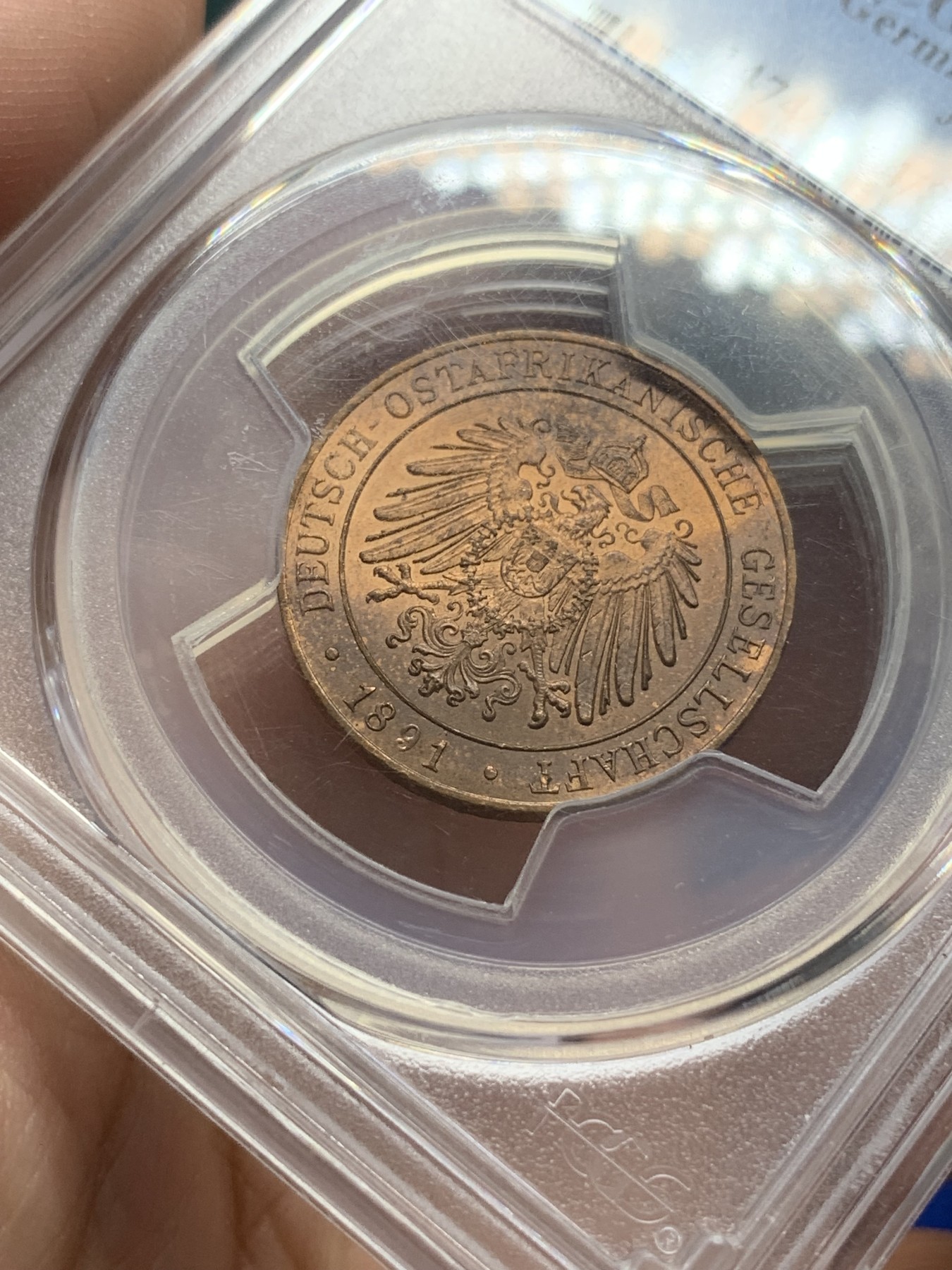 《竞宝斋》第193场-周日，周一 2场 (全场包邮) PCGS-MS64RB 德属东非 1891年 1派沙铜币 顶级原铜光，细节强悍