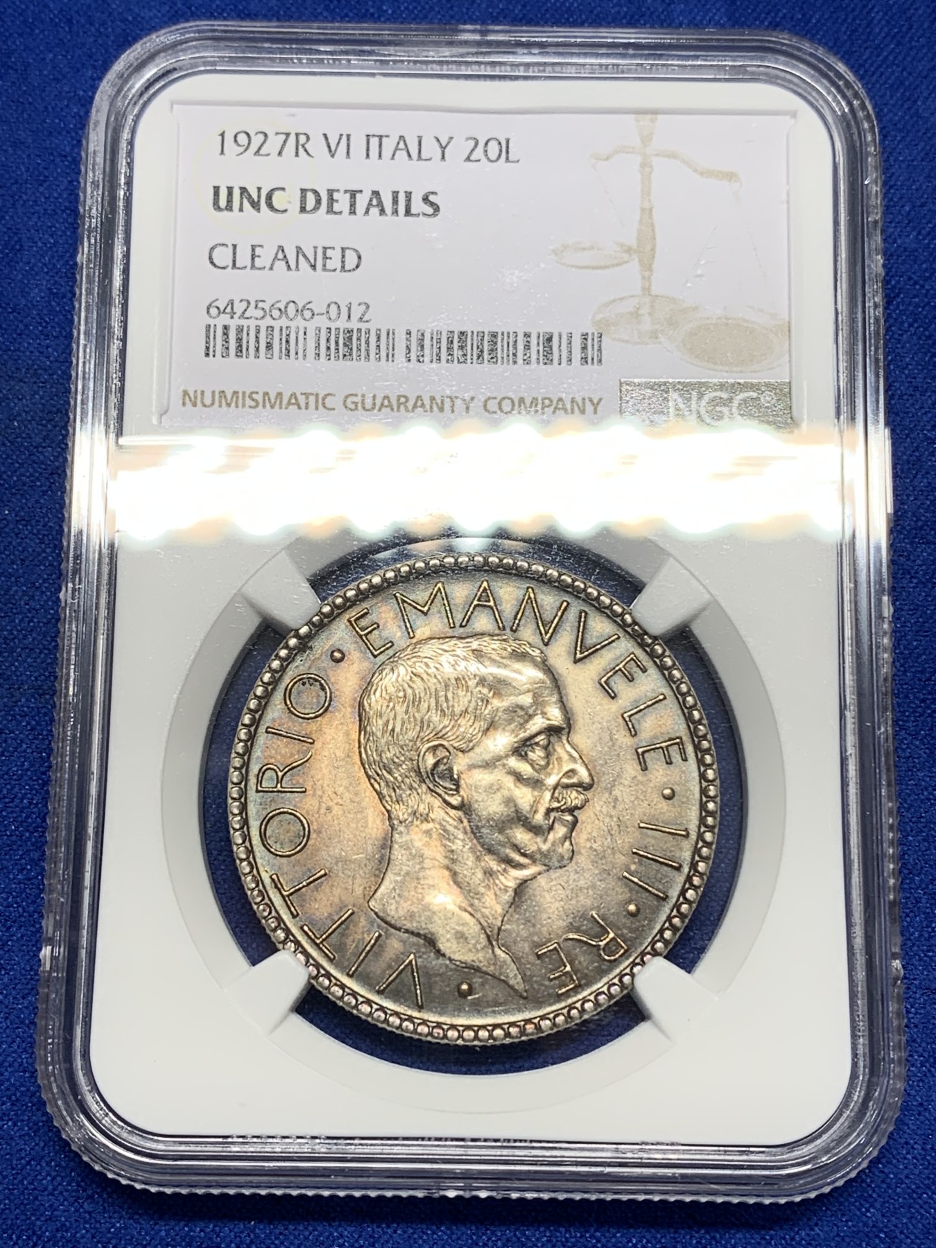 《竞宝斋》第193场-周日，周一 2场 (全场包邮) NGC-UNCD意大利1927年裸男20里拉银币 UNC原光好状态
