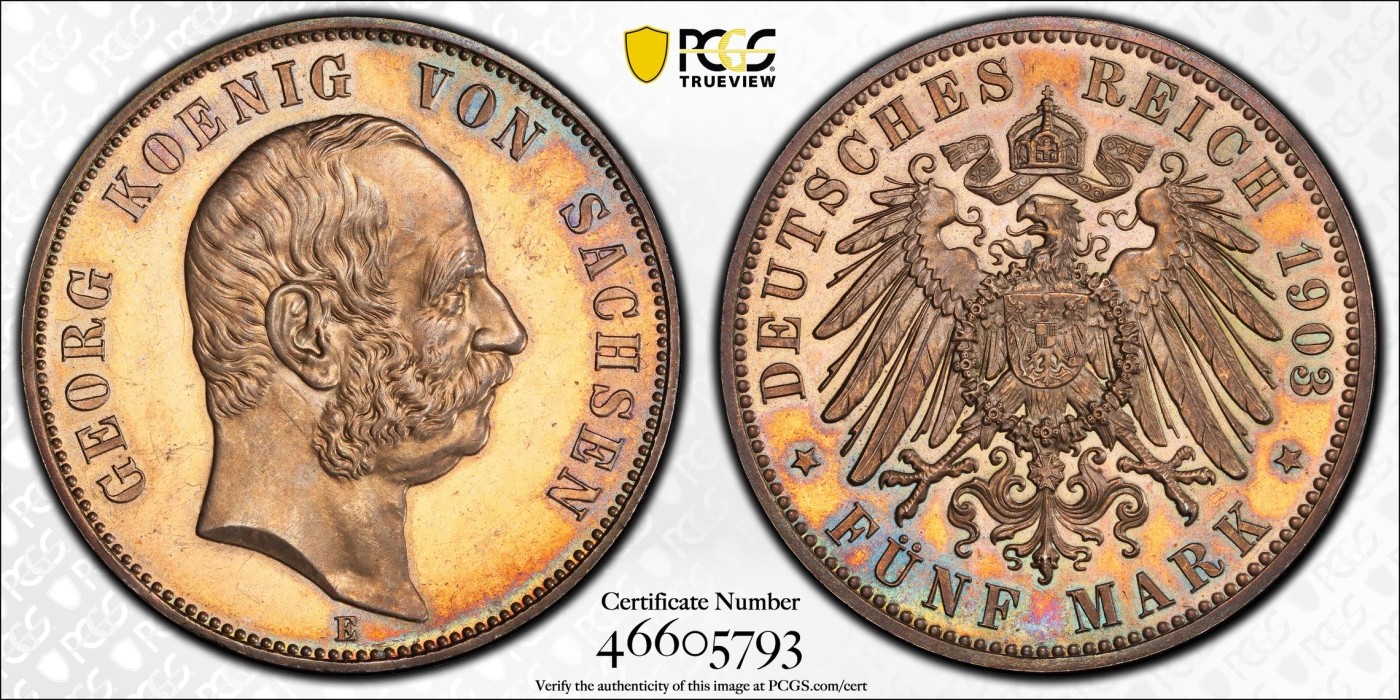 万国钱币拍卖第015期（奢华币章第二季） PCGS PR63 1903年德国萨克森乔治一世精致流通5马克 流通版精致发行量仅仅50枚 PCGS冠军分及封面 踏遍KUNKER|HA|SBP也找不到的精绝品质与品种