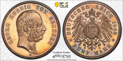 万国钱币拍卖第015期（奢华币章第二季） - PCGS PR63 1903年德国萨克森乔治一世精致流通5马克 流通版精致发行量仅仅50枚 PCGS冠军分及封面 踏遍KUNKER|HA|SBP也找不到的精绝品质与品种