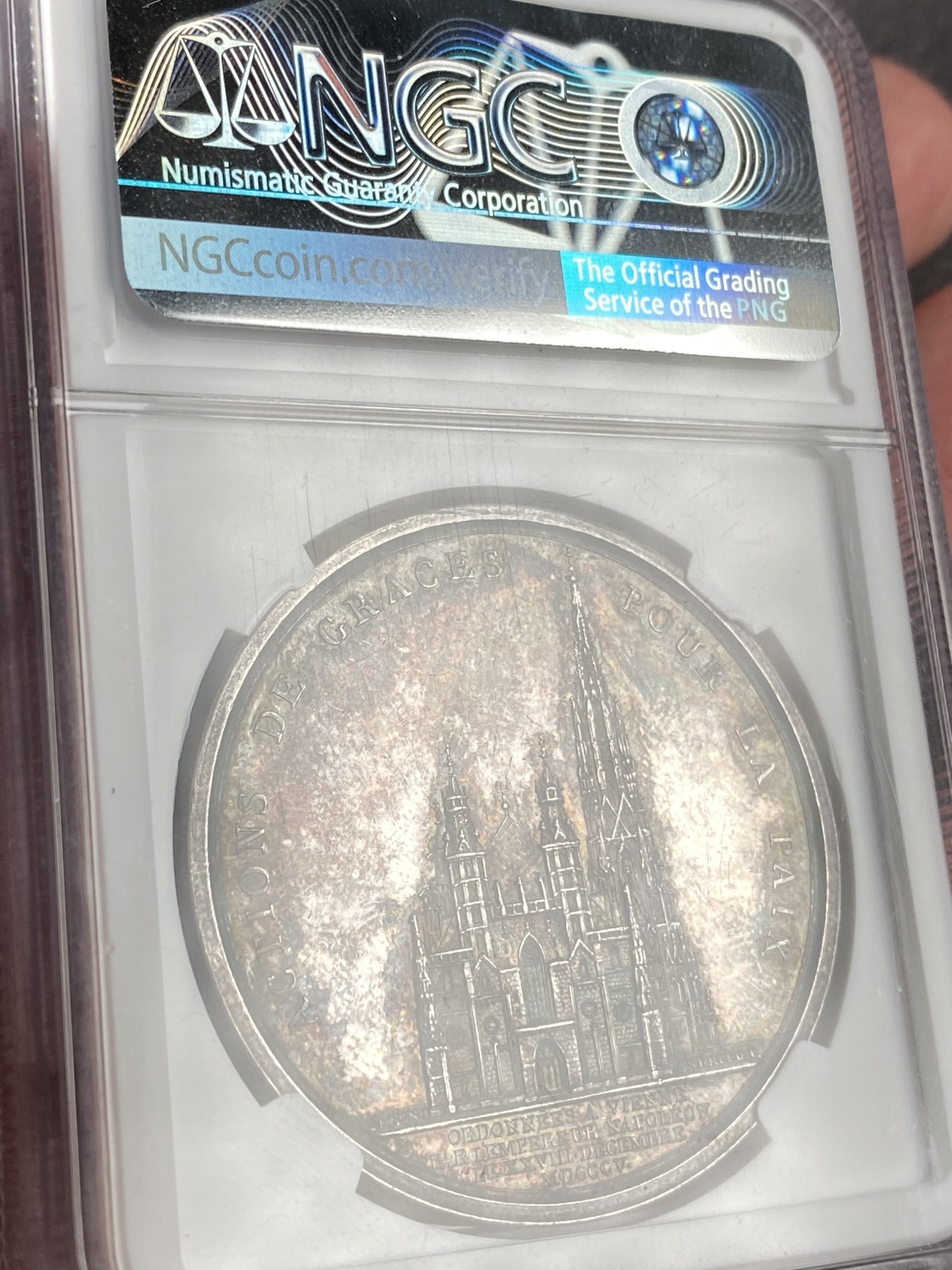 万国钱币拍卖第015期（奢华币章第二季） NGC MS62 1805年法国皇帝拿破仑参观维也纳的圣斯蒂芬大教堂纪念大银章 原铸原味五彩 御用雕刻师Denon经典作品 41MM