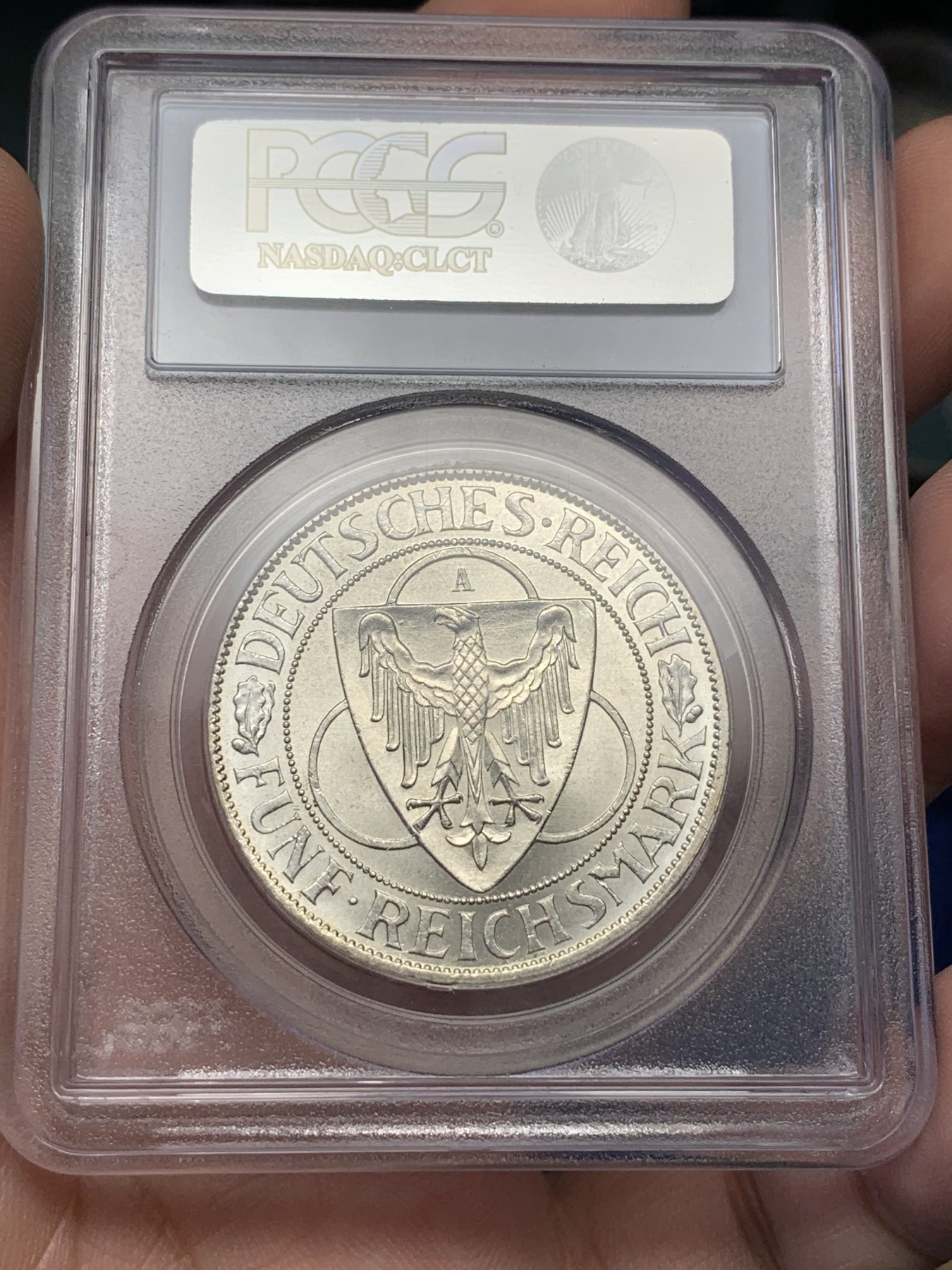 《竞宝斋》第193场-周日，周一 2场 (全场包邮) PCGS MS64 德国魏玛 1930年 鹰桥 解放莱茵5马克纪念银币 底板丝滑 币面清爽