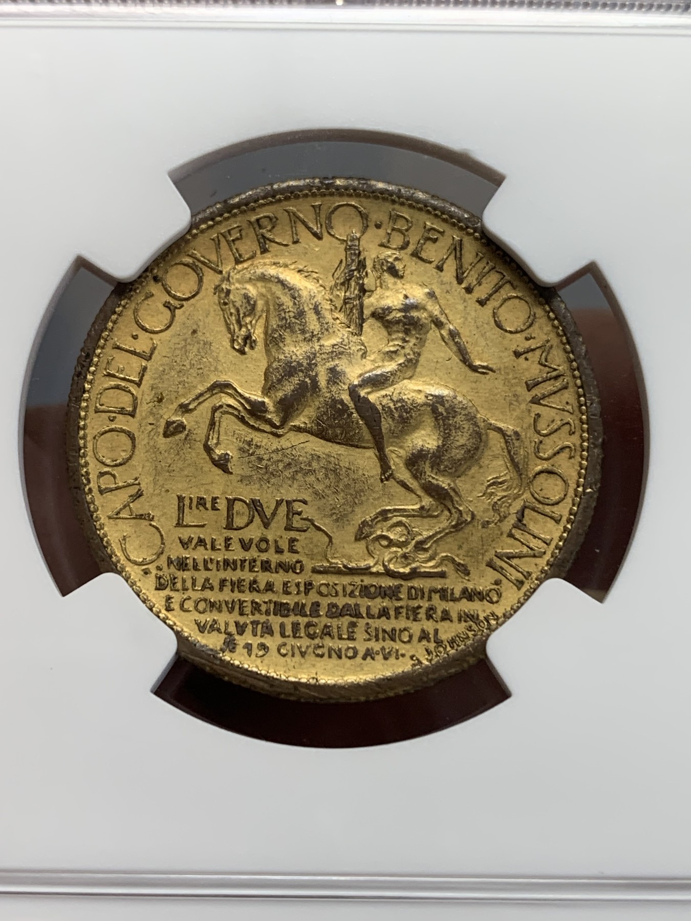 《竞宝斋》第193场-周日，周一 2场 (全场包邮) NGC-UNC 意大利 1928年 米兰世博会铜镀金2里拉 镀金样币