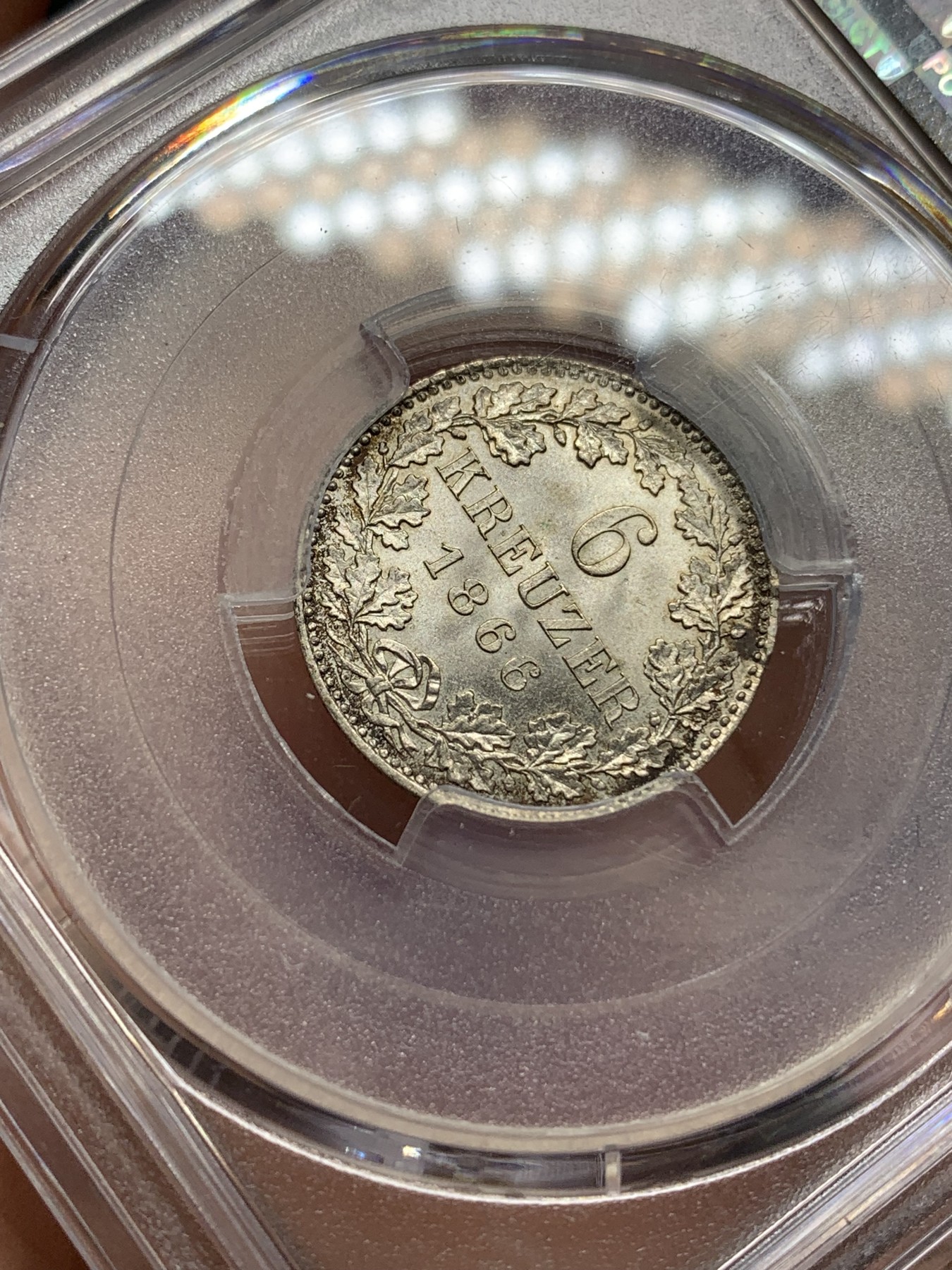 《竞宝斋》第193场-周日，周一 2场 (全场包邮) PCGS-MS66 德国法兰克福 1866年 6克鲁泽 银币