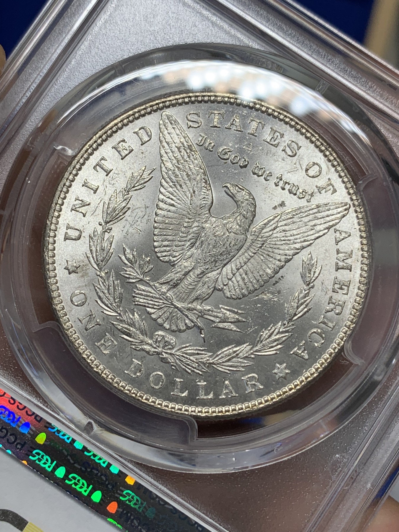 《竞宝斋》第193场-周日，周一 2场 (全场包邮) PCGS-MS63 美国 1885年 1美元 摩根银币 正面五彩包浆 很漂亮