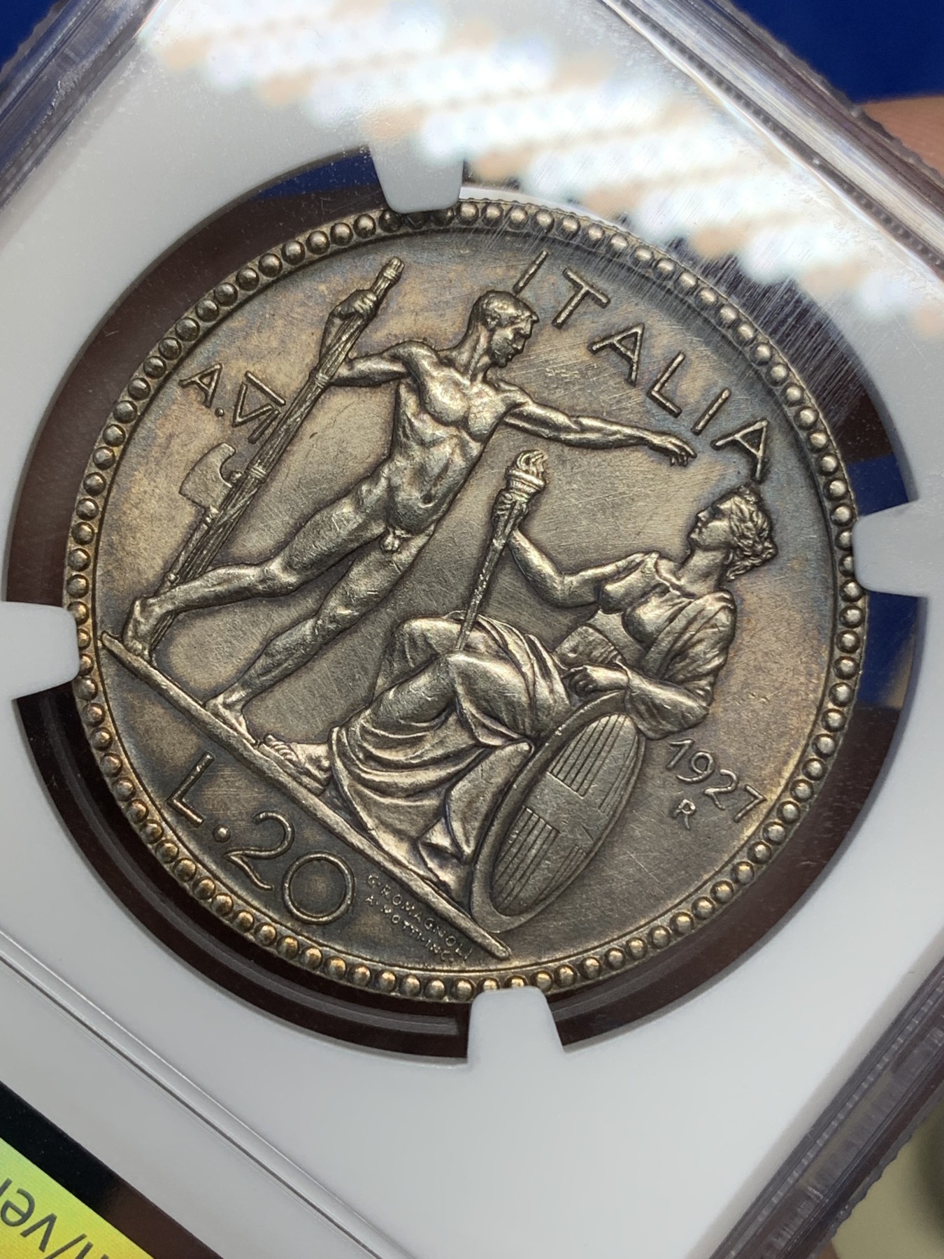 《竞宝斋》第193场-周日，周一 2场 (全场包邮) NGC-UNCD意大利1927年裸男20里拉银币 UNC原光好状态