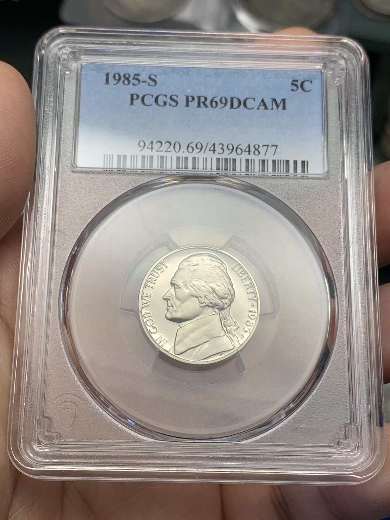 《竞宝斋》第193场-周日，周一 2场 (全场包邮) PCGS-PF69CA 1985年美国S版杰斐逊5分，69分罕见超高分